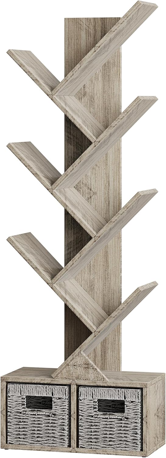 Vagusicc 6 Tier Tree Bookshelf with 2 Storage Cabinets, Tall Display Shelf Organizer for Books, Magazines, Home Decor, Narrow Wooden Floor Standing Bookcase for Living Room, Home Office, Grey