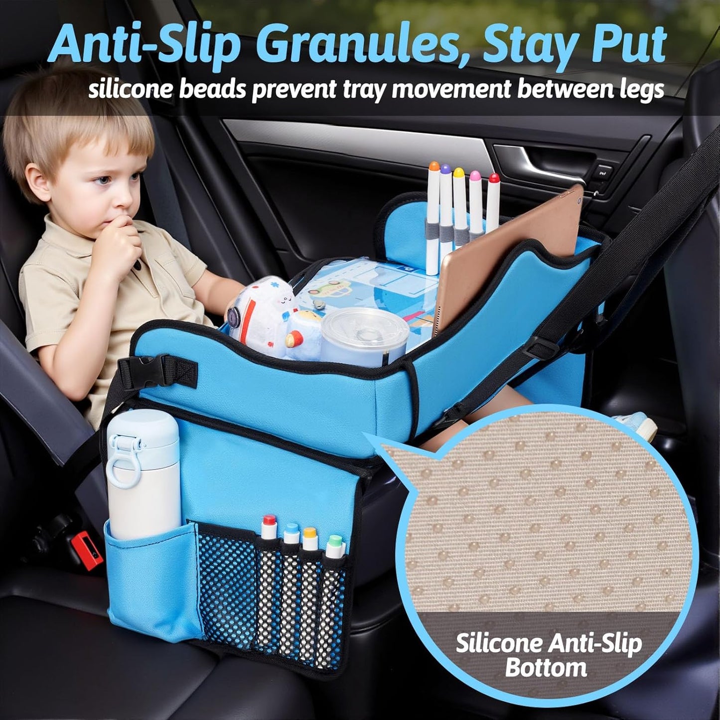 OUOZZZ Kids Travel Tray for Car - Boy's Safety Seat Table, Toddler Road Trip Essentials - Carseat/Airplane Lap Desk with Weight-Relief Strap, Non-Skid Silicone Base, Waterproof Dining/Craft Mat
