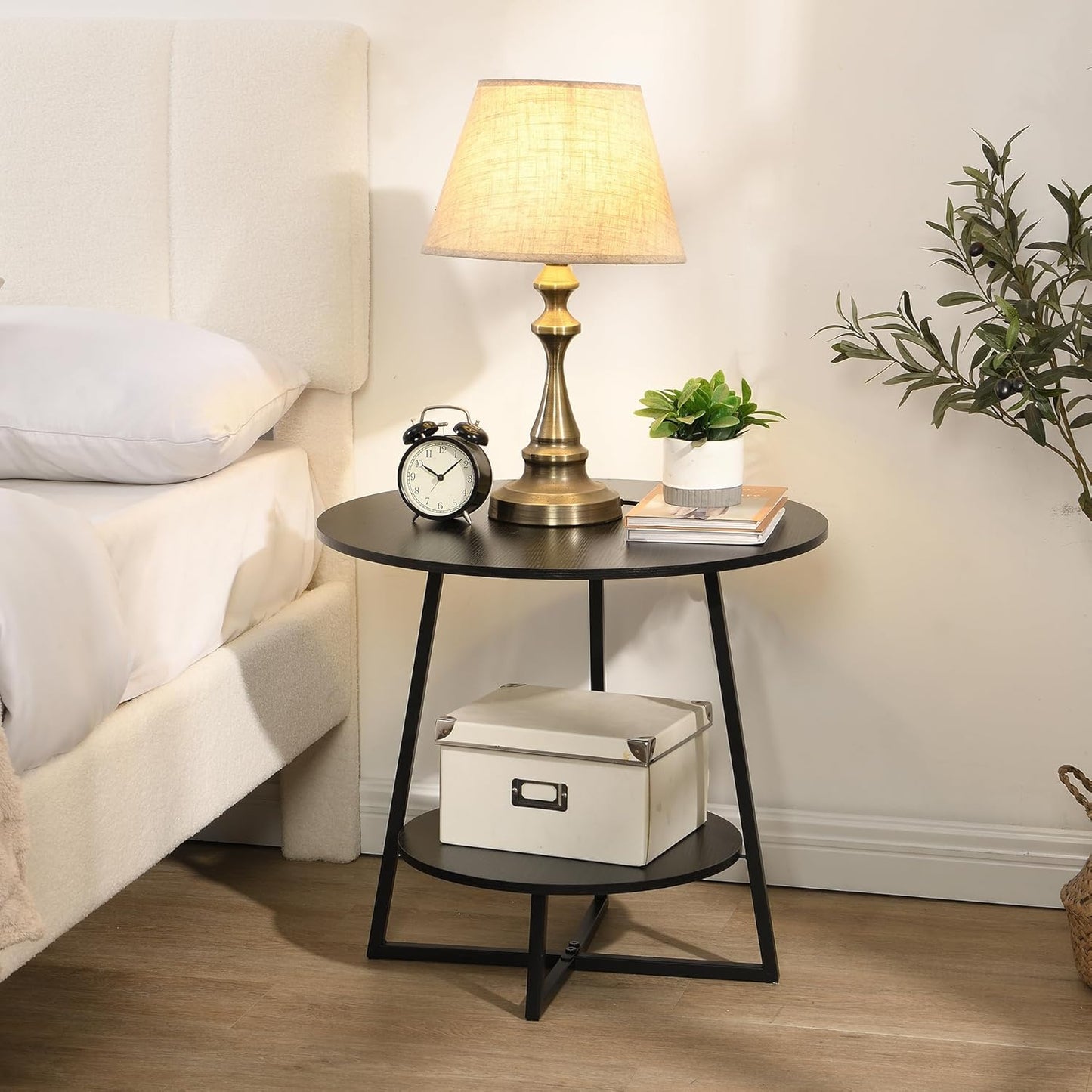 D&H FURNIMMT 작은 공간을 위한 50.8cm(20인치) 거실 사이드 테이블, 보관 선반이 있는 2단 목재 탑 라운드 엔드 테이블, 침실, 사무실, 일광실, 발코니용 액센트 소파 테이블, 블랙