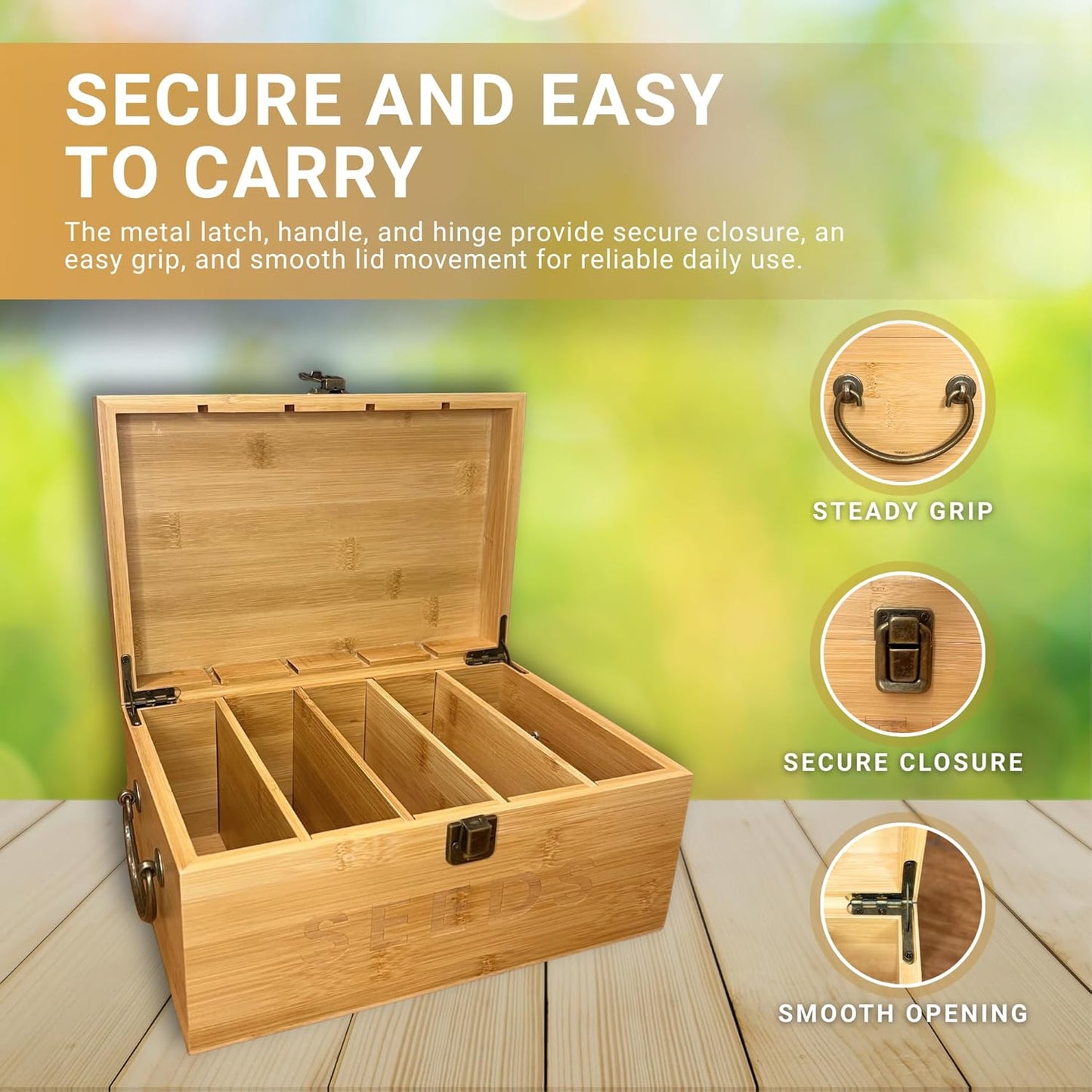 Bamboo Garden Seed Storage Organizer Box, Wooden Seed Box with Removable Dividers, Metal Handle and Latch, Seed Keeper Organizer for Garden Seed Packets and Storage (10.59 x 7 x 5.12 in)