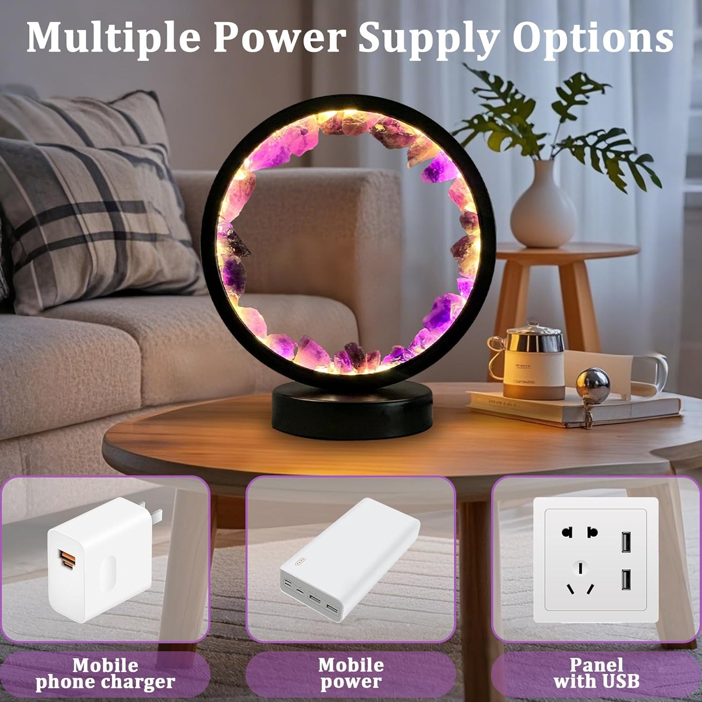 Crystals Night Light Amethyst Table Lamp,Natural Raw Amethyst Selenite Calming Lamps Crystal Healing Stone Bedside Light with 3 Color Dimming Mode,Nightlight for Office Home Decor Gift