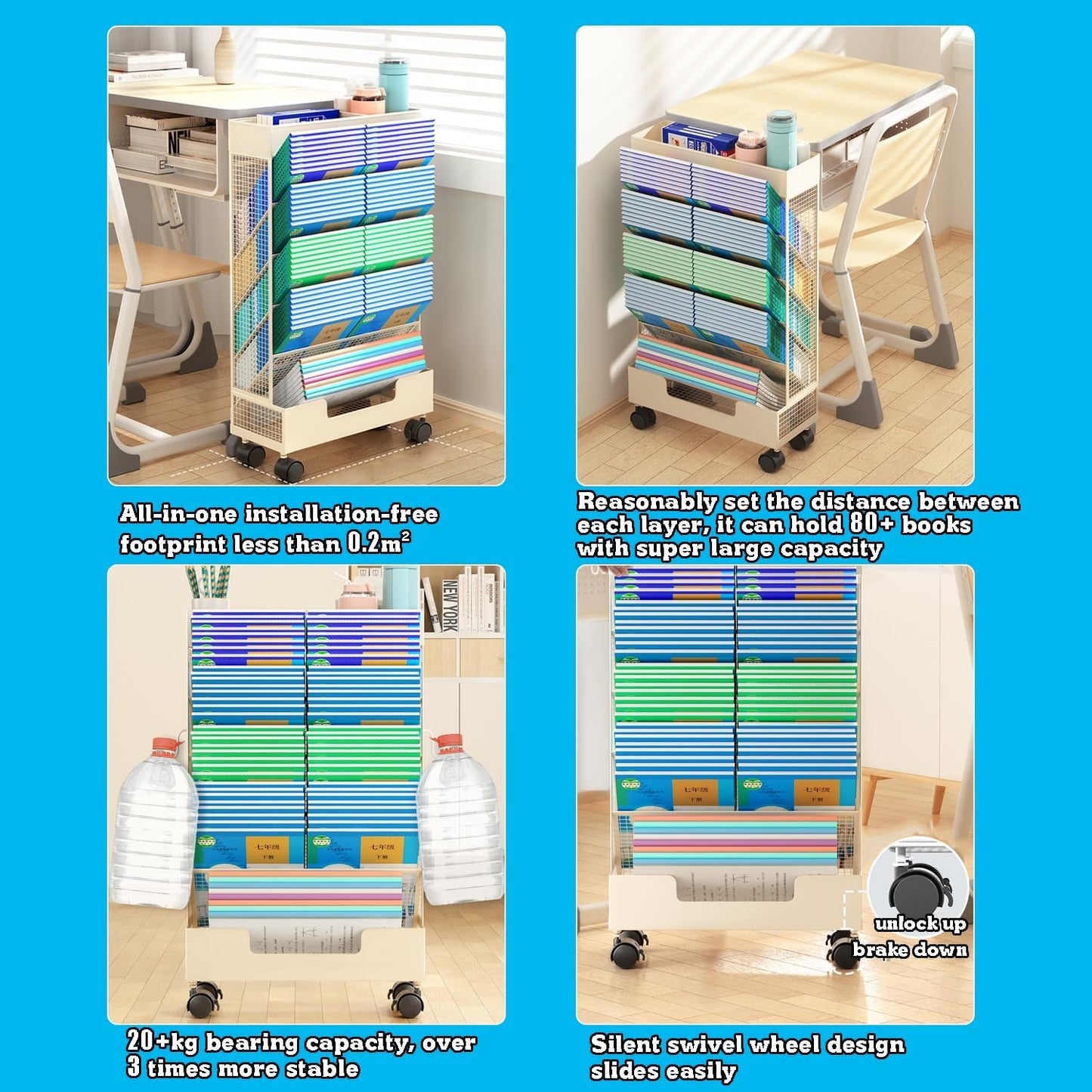 3-6 Tier Metal Rolling Book Cart, Narrow Mobile Bookshelf, Modern Free Standing Storage Rack for Books, Magazines, and Mail, Space-Saving Organizer.