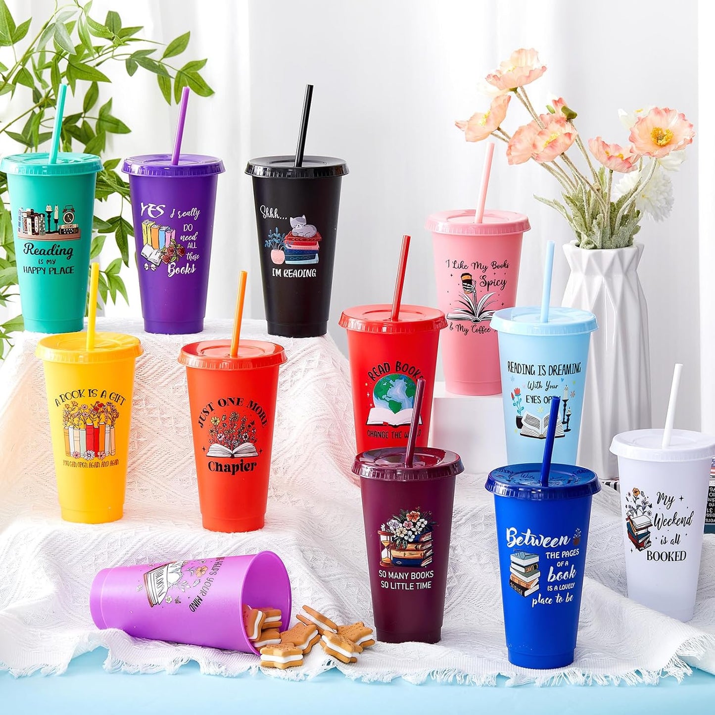 Chuangdi 12 Pcs Book Lovers Gifts 24 oz Reusable Plastic Tumbler with Lids and Straw Book Club Bookworms Gifts for Reader Librarian Office Coworkers (Multicolor)