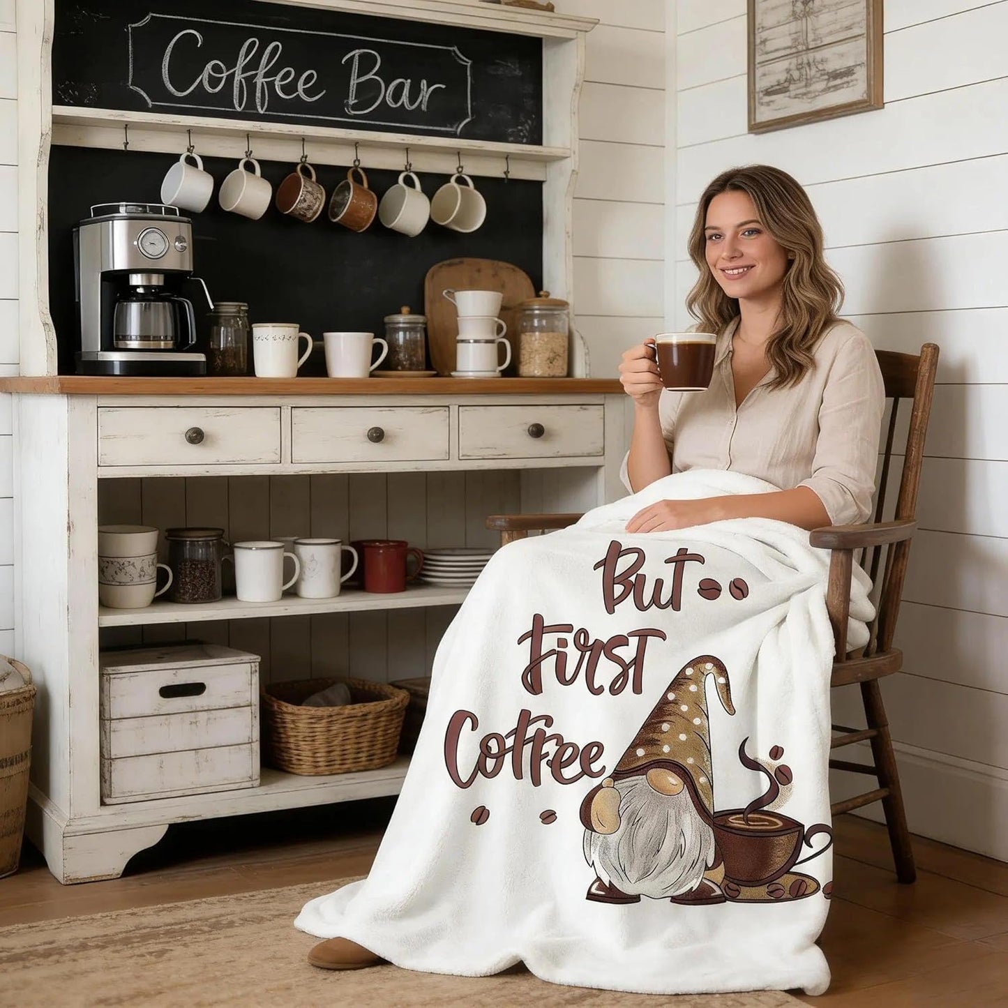 Coffee Gnome Blanket for Women, Gnomes Gifts for Women, But First Coffee Theme Blanket Gifts for Gnome Lover, Soft Lightweight Flannel Throw Blanket for Couch, 50x60 Inch