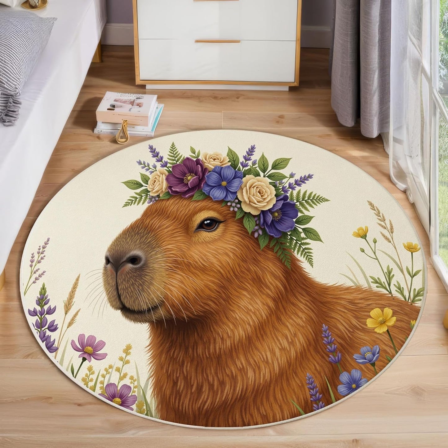 Round Rug for Kids Room, Country Style Floral Capybara Round Rugs 6Ft, Natural Animals Circle Rug, Beige Brown Washable Circle Carpet for Living Room Bedroom, Non Slip Low Pile Thin Area Rugs