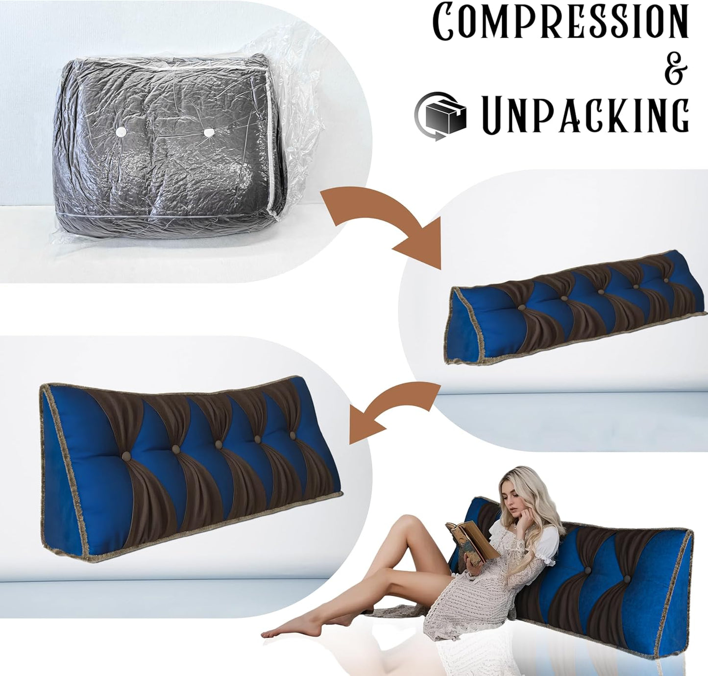 Triangular Reading Pillow Wedge Headboard for Sitting in Queen Bed Backrest Support, Daybed Wall Cushion Positioning Pillow Velvet Cover Blue