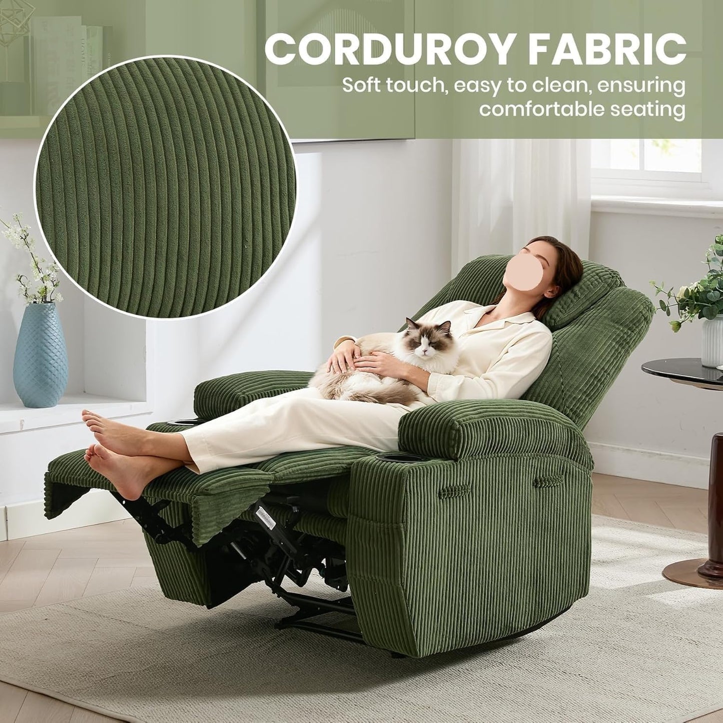 Green Corduroy Power Recliner Chair with Heat Massage 8-Point Vibration Dual Cup Holders Side Pocket Metal Frame Electric Chairs for Living Room Bedroom Home Theater
