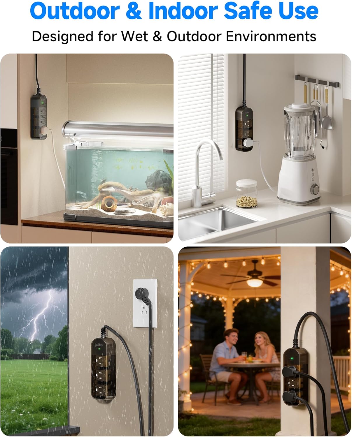 Outdoor Power Strip, 3 AC Outlets, 15 FT, 1625W/13A High-Power Single-Device Use, with Anti-Electric Shock & IPX6 Waterproof, Ideal for Backyard, Patio, Garage, Kitchen, Workshop, Camping, RV
