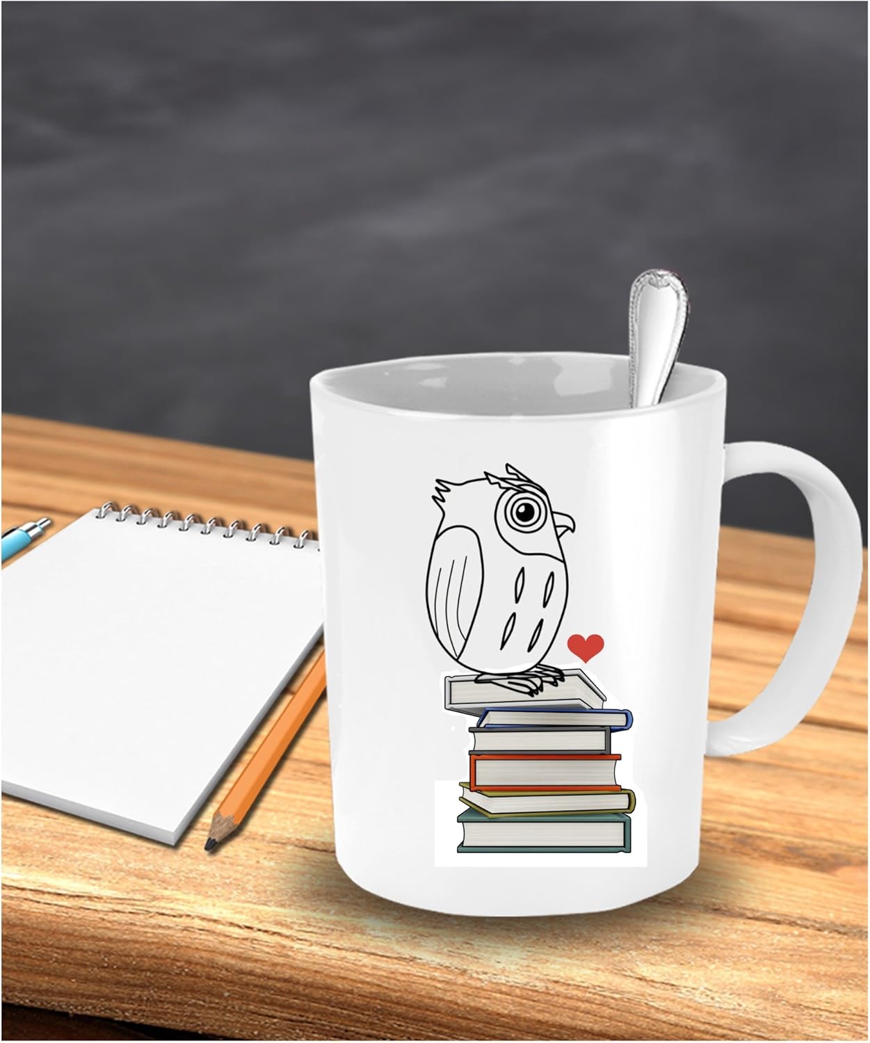 Owl Mug Book Nerd Lover-Funny Ceramic White Cup with Heart as Seen on Shirt-Cute Gift for Nerdy Geek Who Loves Reading
