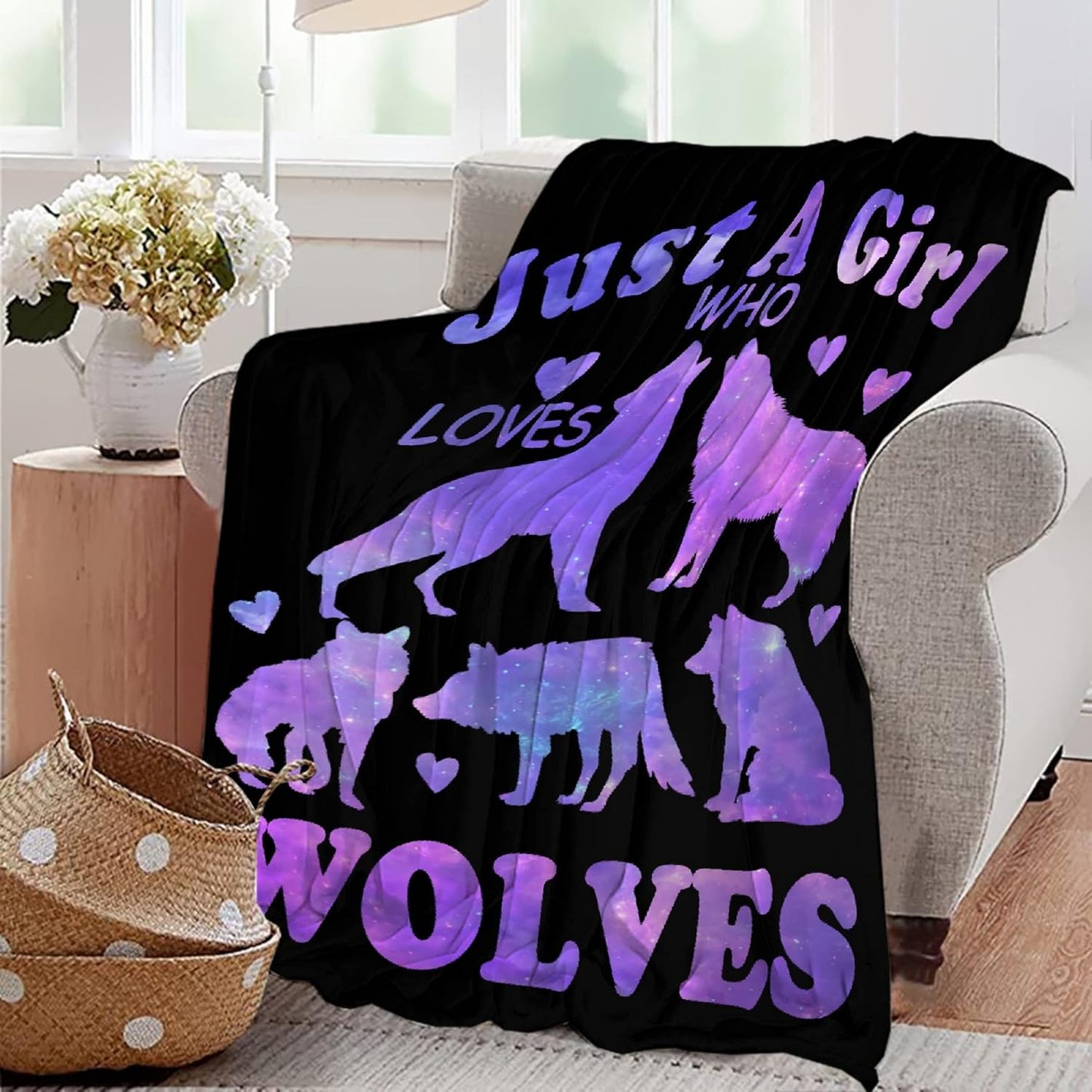 Wolf Blanket Stuffed Just Girl Who Loves Wolves Plush Gift for Kid Women Toddler Fleece Throw Cute Purple Animal Lover Lightweight Sheet Super Soft Flannel Blankets Decor Bed Chair Sofa-80"x60" Large