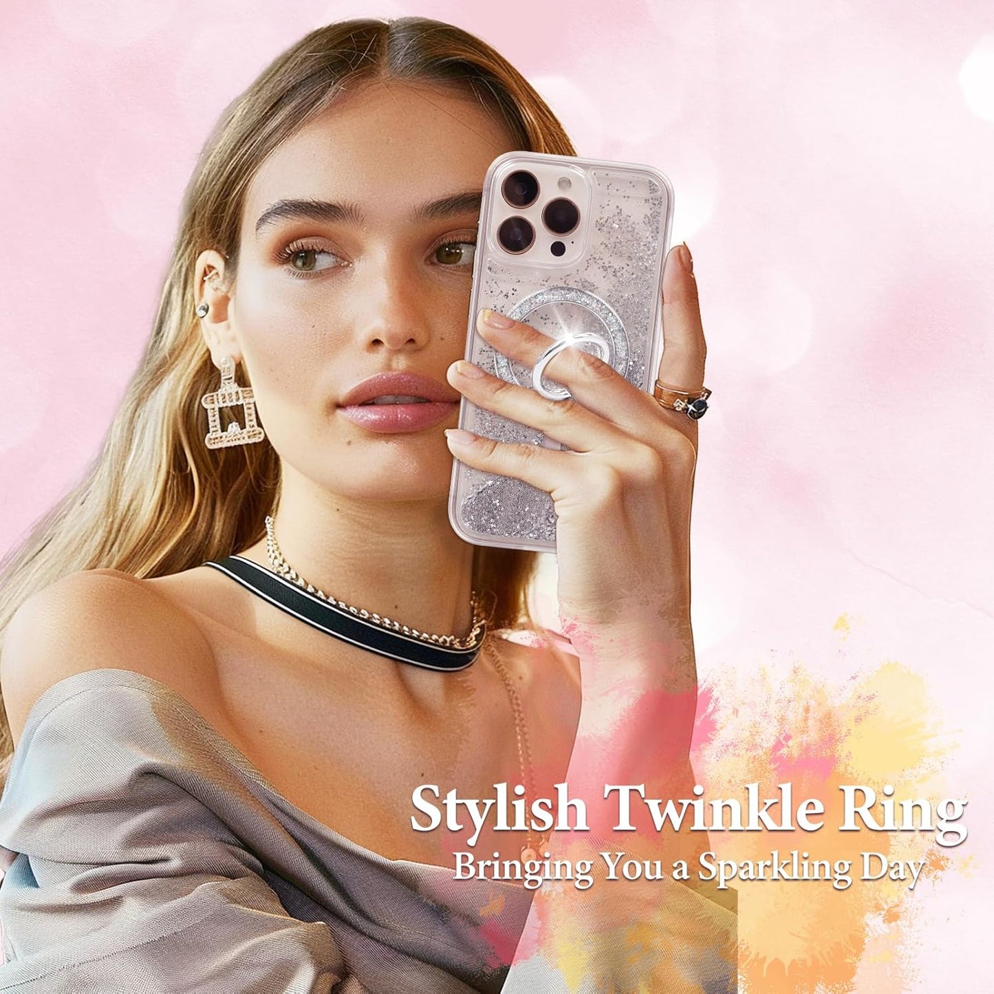 Magnetic Phone Ring for MagSafe Grip [Super Magnet] Stylish Twinkle Ring Holder Stand with, Mag Safe Accessory for iPhone 16/15/14/13 Pro Max Plus, Silver