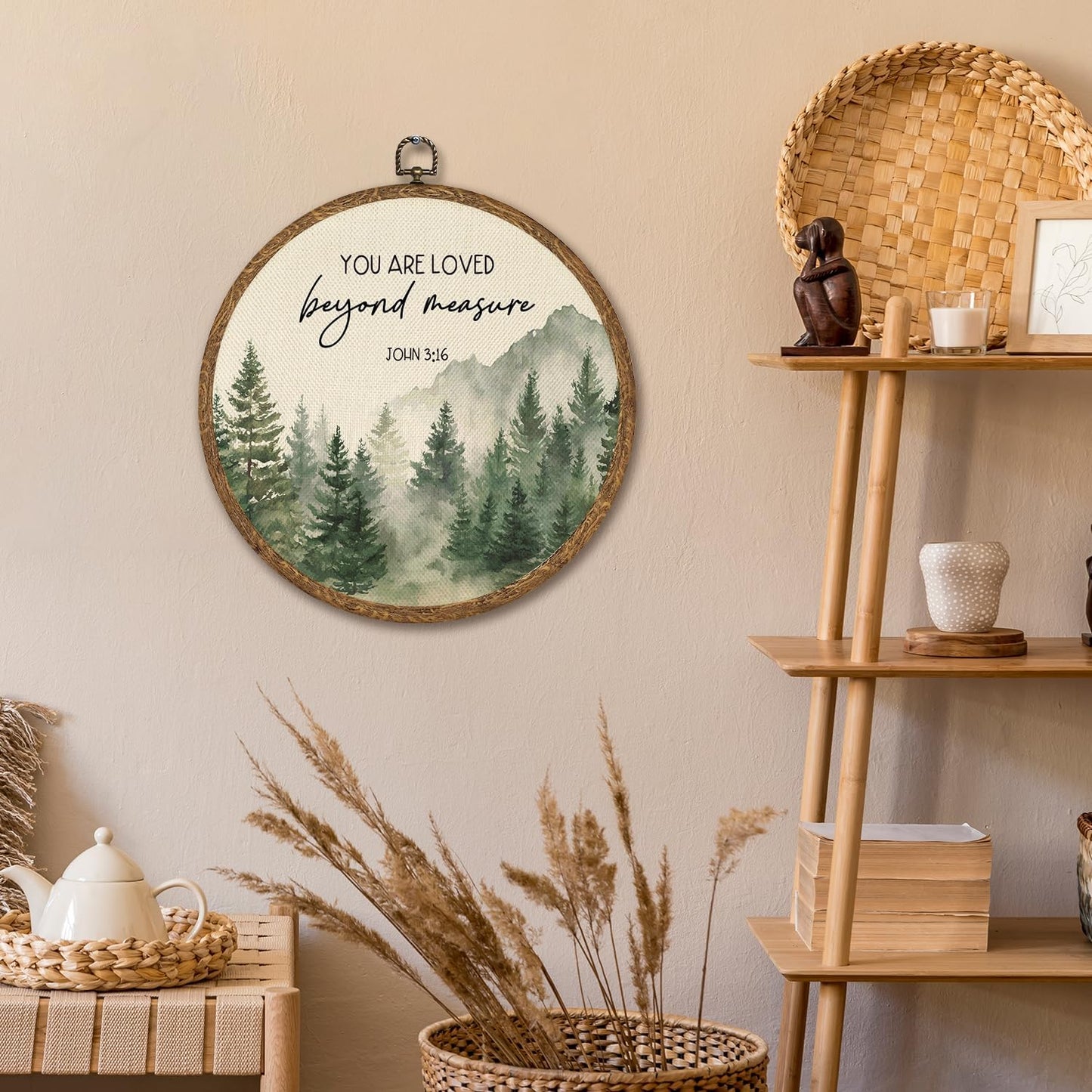 Christian Wall Art Decor-You Are Loved Beyond Measure Bible Verse Round Hanging Artwork, Faith Scripture Prints for Bedroom Living Room Prayer Room, 10 Inch Round Wall Hanging Decor Gift for Believers(Green-John 3:16)