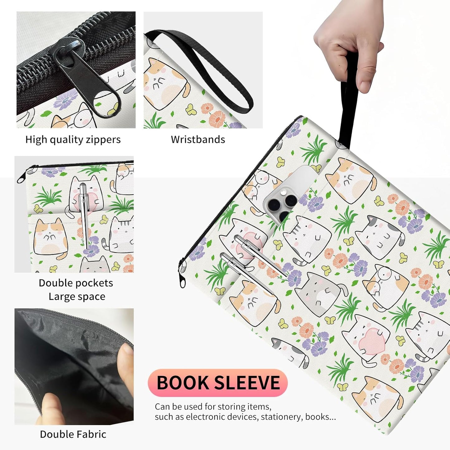 Book Sleeve for Book Lovers, Travel Book Protector Pouch with Zipper & Front Pocket Cute Book Cover Case Book Accessories for Women Men Cute Cats
