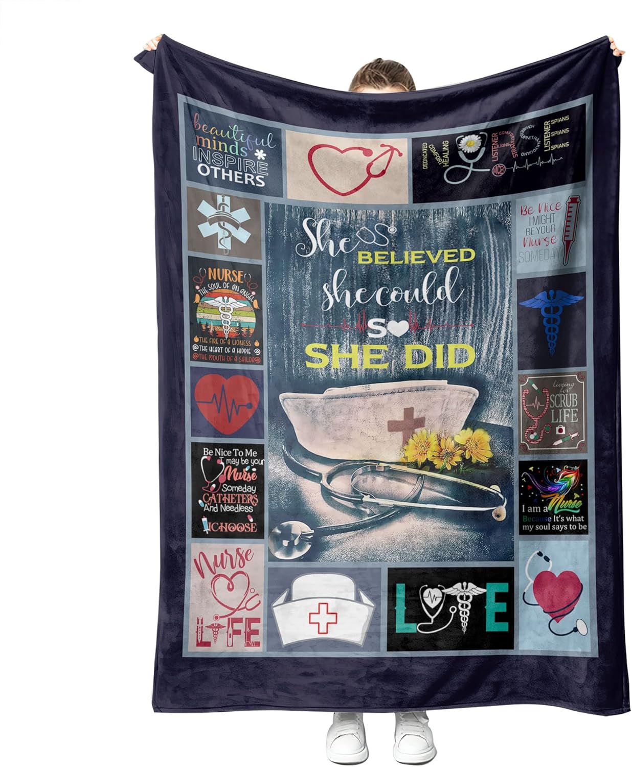 YunTu Blue Nurse Fleece Throw Blanket, Super Soft Sherpa, 60x80in, Perfect Nurse Gifts for Women