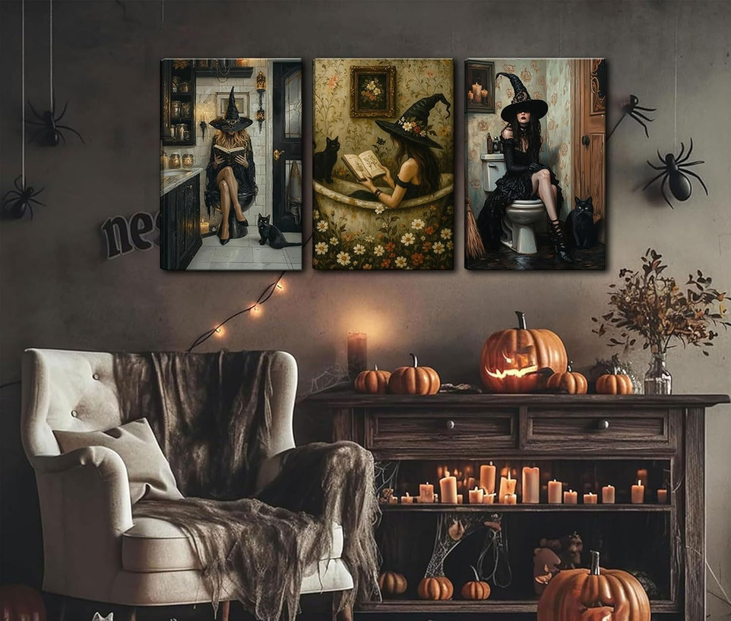 3Pcs Gothic Bathroom Canvas Wall Art Black Cat and Witch Reading Book in Bathtub Poster Prints Dark Academia Wall Decor picturesfor Bathroom Gallery Toilet Restroom Home Decoration