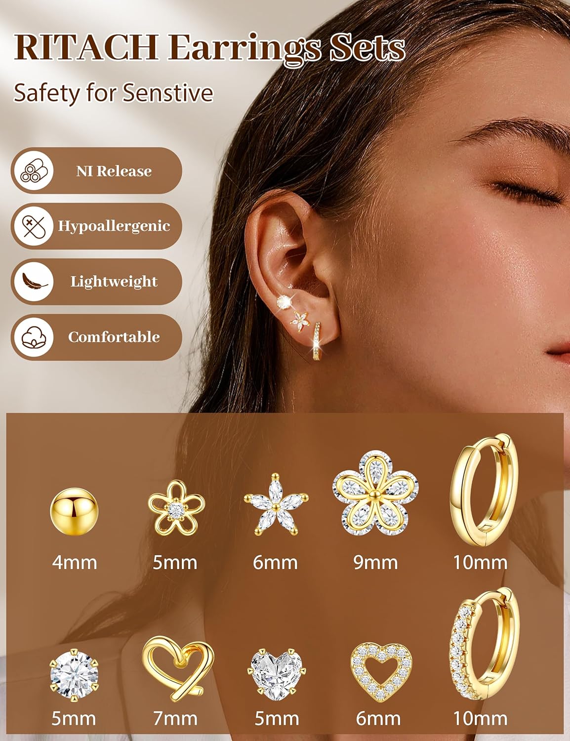 Small Gold Stud Earrings Set for Women - 14K Gold Plated CZ Huggie Hoops Hypoallergenic Earrings Dainty Flower Heart Stud Earrings for Jewelry Gift