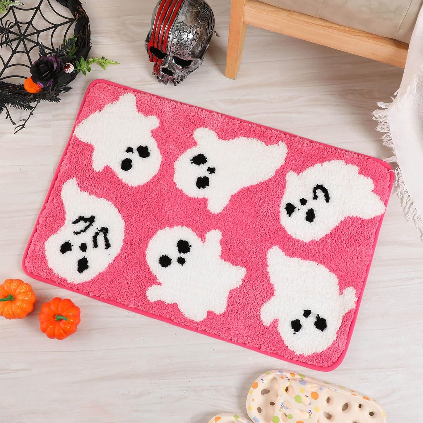 Halloween Bath Mat, Pink Ghost Bathroom Rugs Non-Slip, Soft Absorbent Washable Bath Rug for Shower Floor, Cute Rug for Bedroom Home Decor - Unique Gift