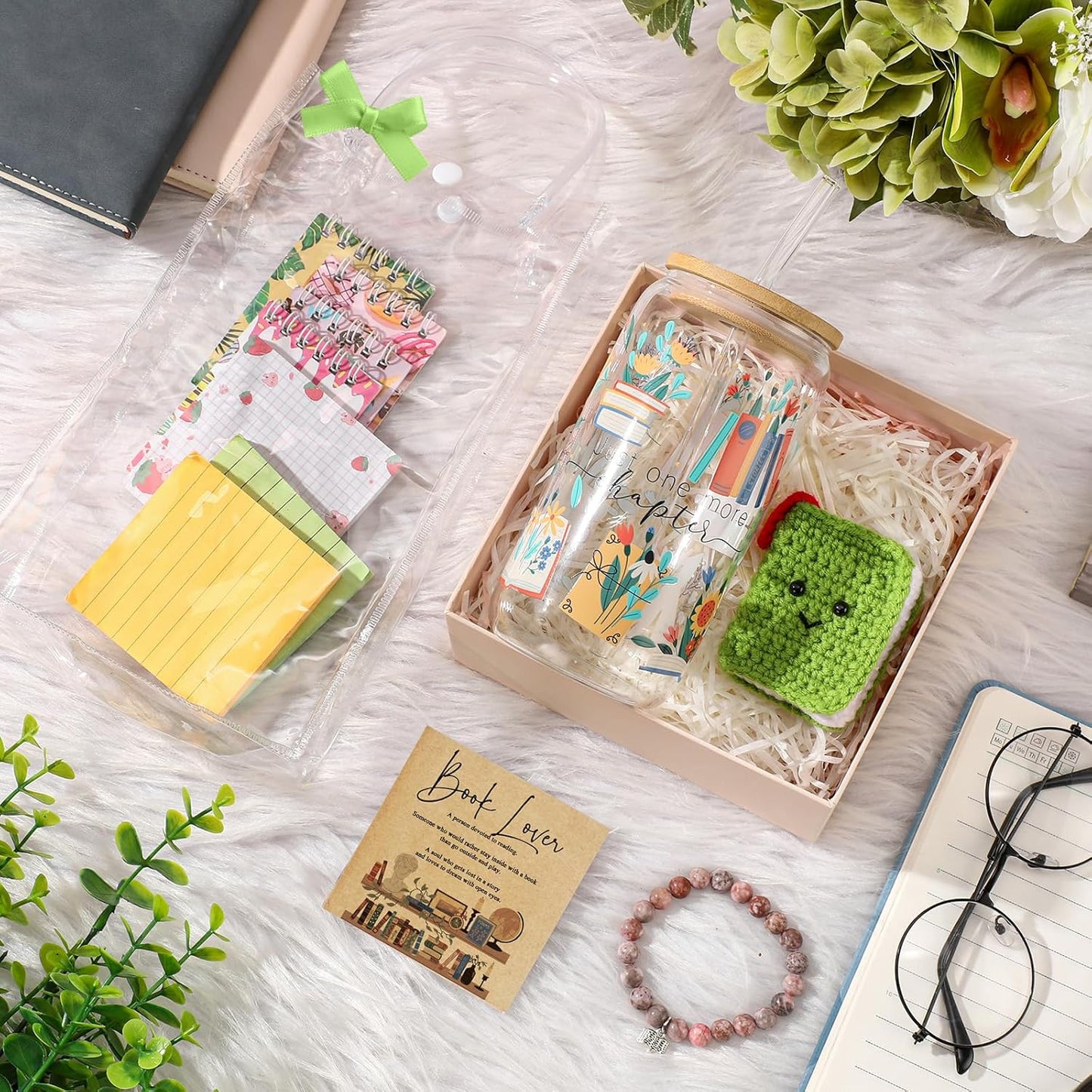 Roshtia 6 Pcs National Reading Month Librarian Gifts Book Lover Gift Glass Cup with Lid and Straw Crocheted Book Doll Bracelet Card for Women Reader Bookish Librarian Bookworm Birthday Gifts