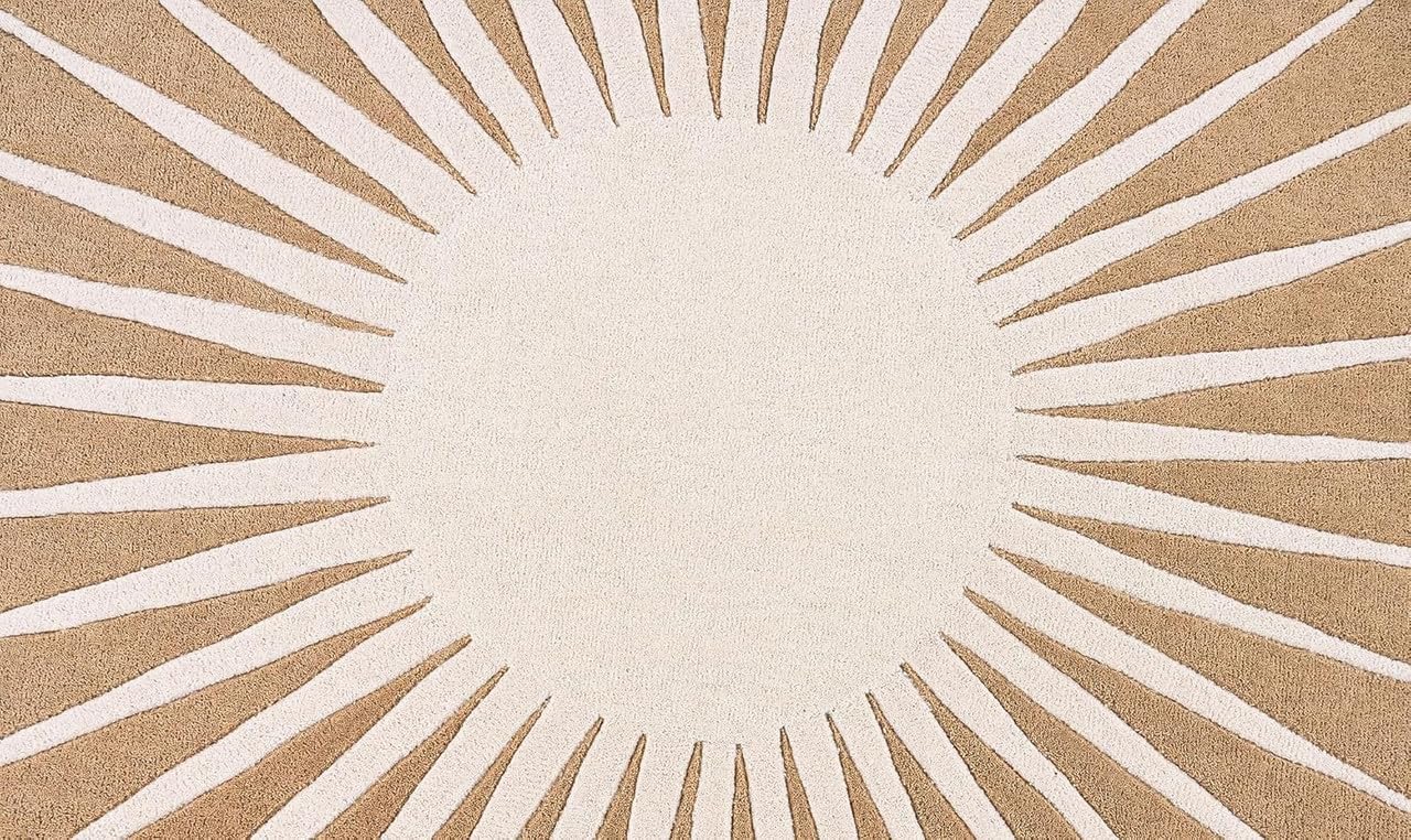Round Area Rug 5x5 Ft Sunburst Design Circular Accent Rug Soft Plush Modern Boho Carpet for Living Room Bedroom Nursery Non Slip Backing Beige Cream