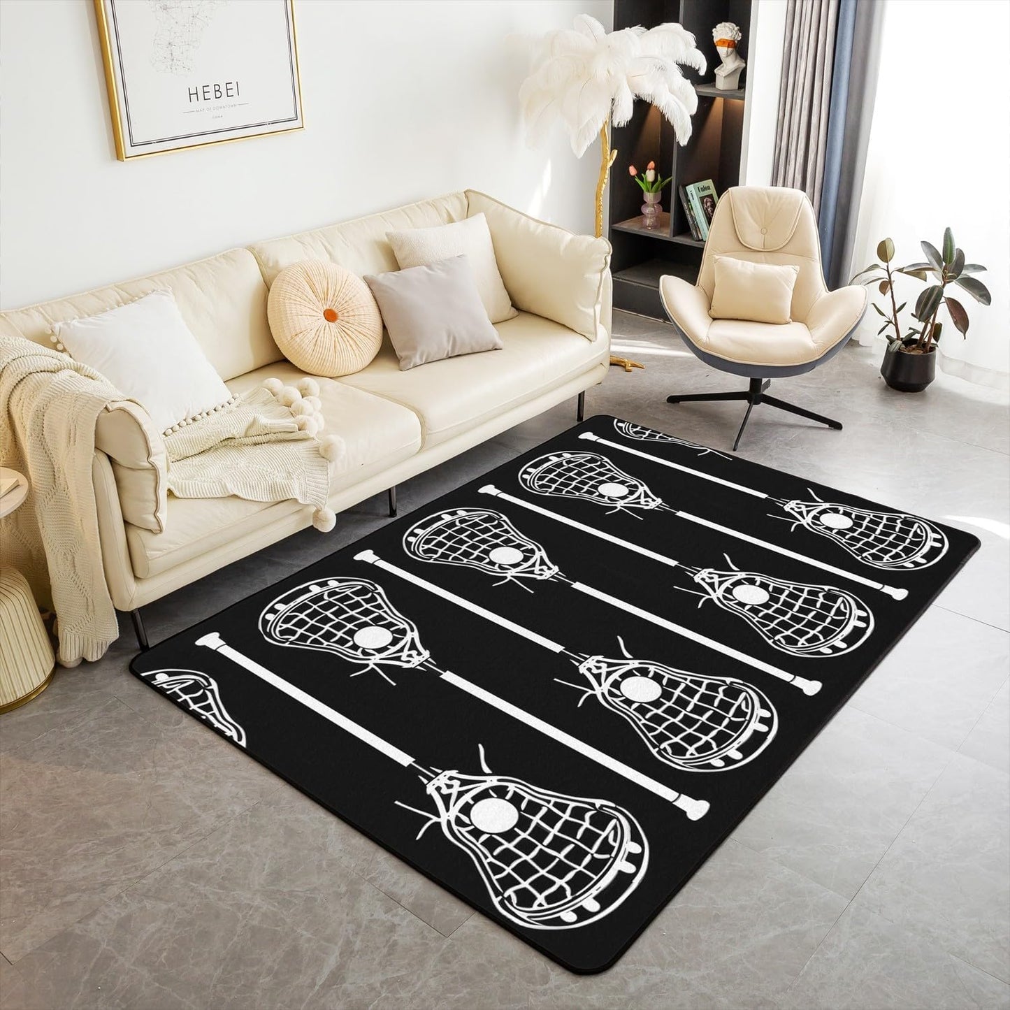 Erosebridal Lacrosse Area Rug 4'11" x 3'3", Lacrosse Sports Games Non Shedding Living Room Rugs For Kids Boys Girls, Black White Lacrosse Decorative Carpet, Ball Gaming Sport Washable Indoor Floor Mat
