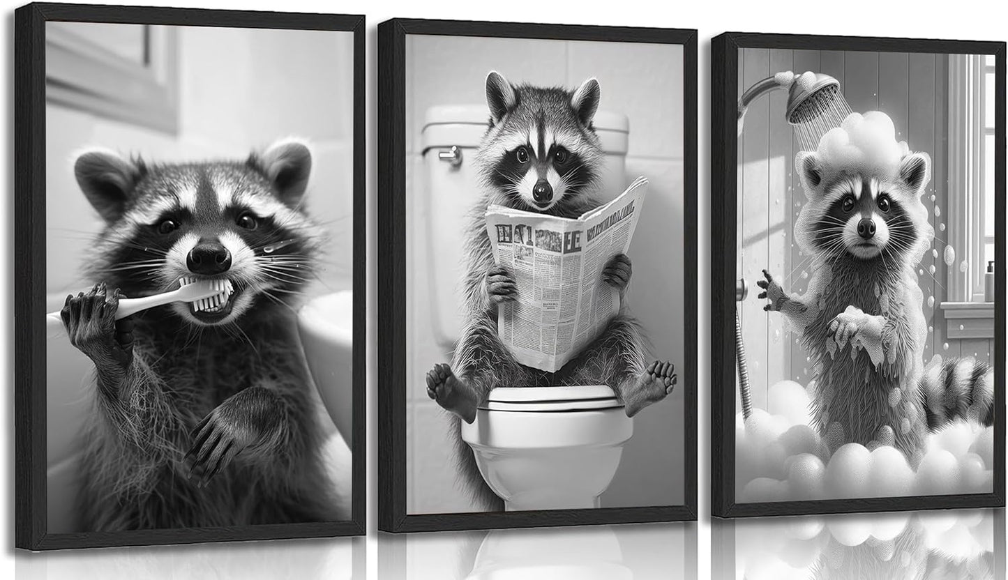 3pcs Adorable Raccoon Bathroom Canvas Wall Art Raccoon On Toilet Reading Newspaper Brush Teeth Posters Prints Black And White Animal Pictures Wall Decor for Bathroom Toilet Shower Room Decoration