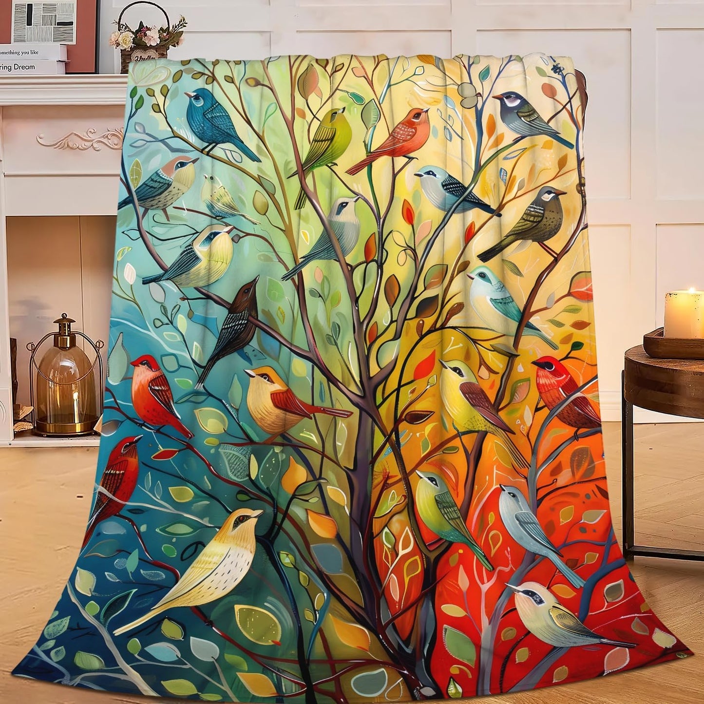 Colorful Bird Tree Blanket Bird Tree Decor Animal Throw Blanket Gifts for Girls Boys Super Warm Soft Plush Lightweight Fleece Flannel Winter Bedding Blankets for Kids Adult Women Men 50"X40"