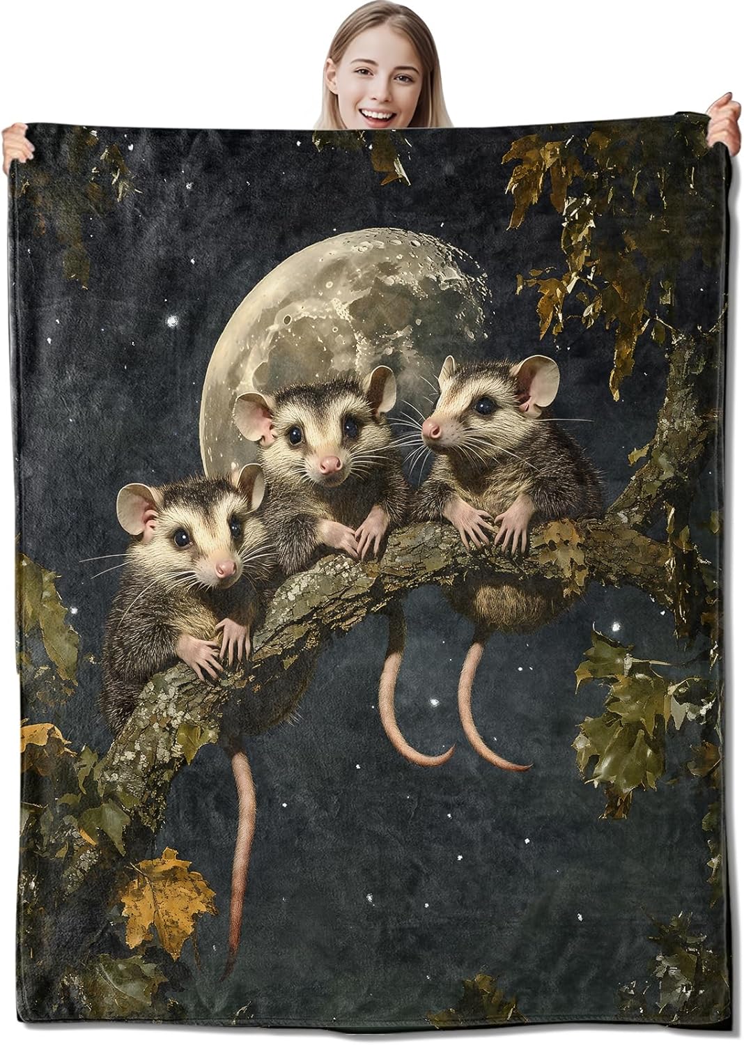 Moonlight Opossum Flannel Throw Blanket 60x80 Inch, Possum on Tree Branch with Full Moon Blankets Soft Cozy Fleece Throws for Animal Lover Bed Sofa Dorm Living Room Home Decor Gifts