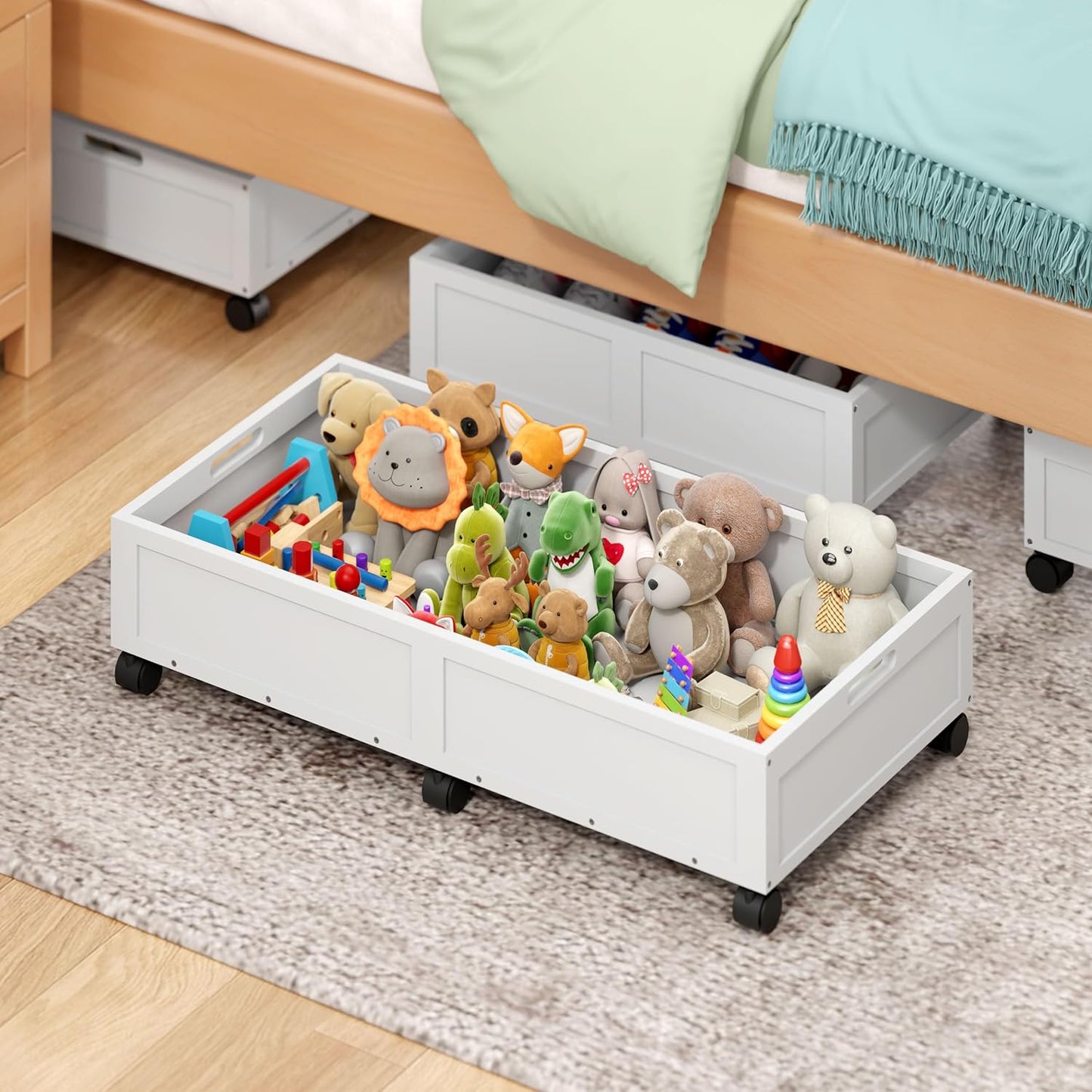 Wood Under Bed Storage Containers Underbed Organizer with Wheels Sturdy Wood Rolling Under Bed Shoe Storage Organizer 2 Packs (White, Large)