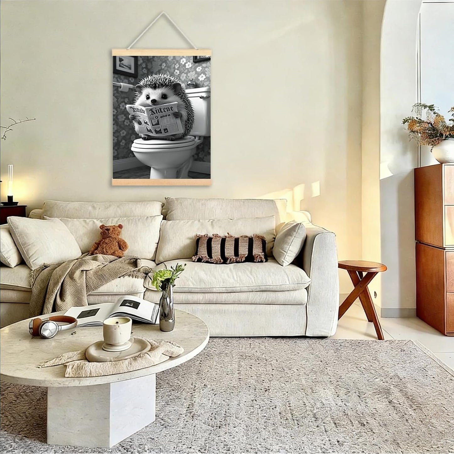 Hedgehog Sitting on Toilet Reading Newspaper Black and White Wall Art Funny Hedgehog Autumn Bathroom Framed Wall Decor 24x36 Inches