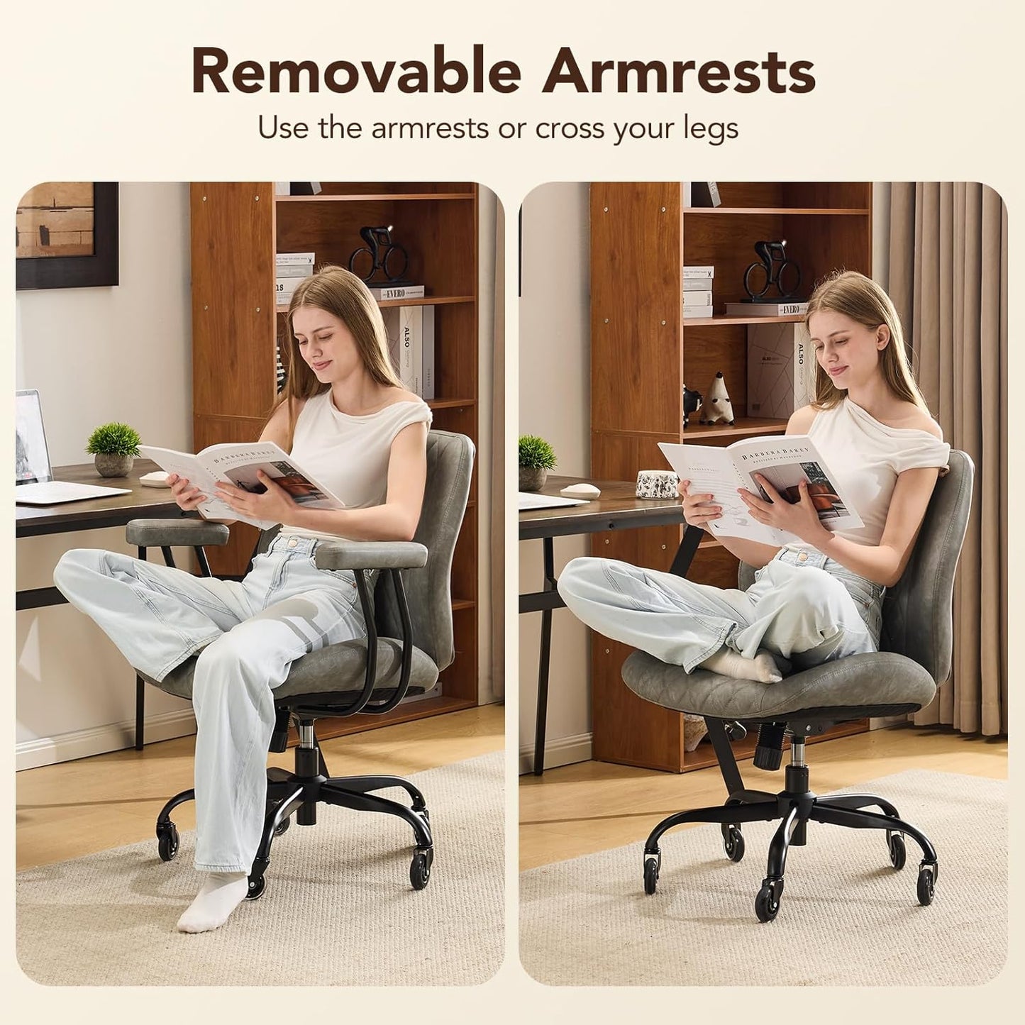 YFO Modern Ergonomic Office Desk Chair, Grey Leather with Lumbar Support, Adjustable Height, Swivel, Armrests, for Office, Gaming, Reading, Relaxing