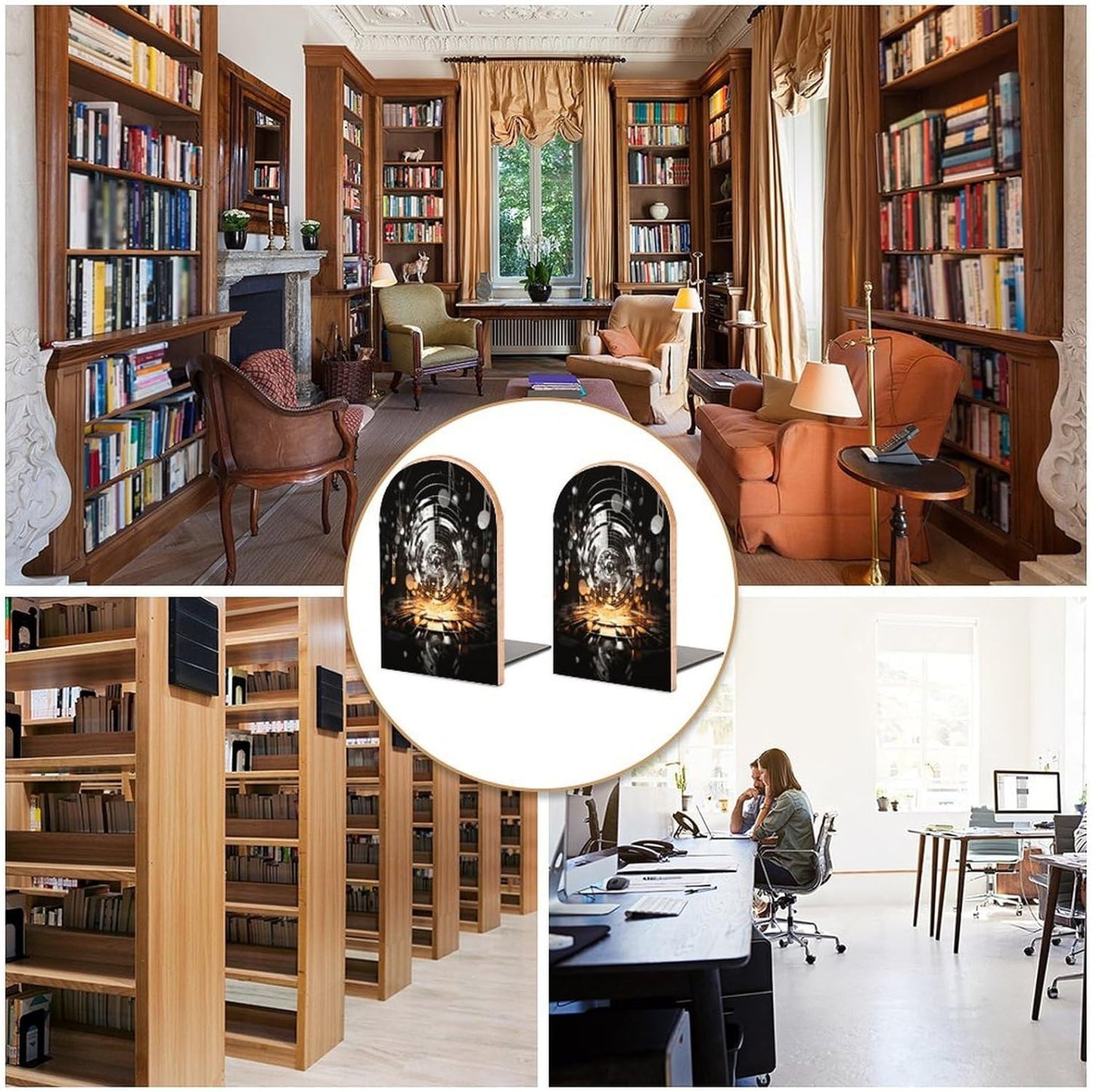 Musical Theme Music Clefs Bookends 1 Pair Heavy Duty Book Ends for Shelves Non-Skid Bookend Supports Wooden Book Holders with Metal Base Desk Organizers Books Storage to Hold Books