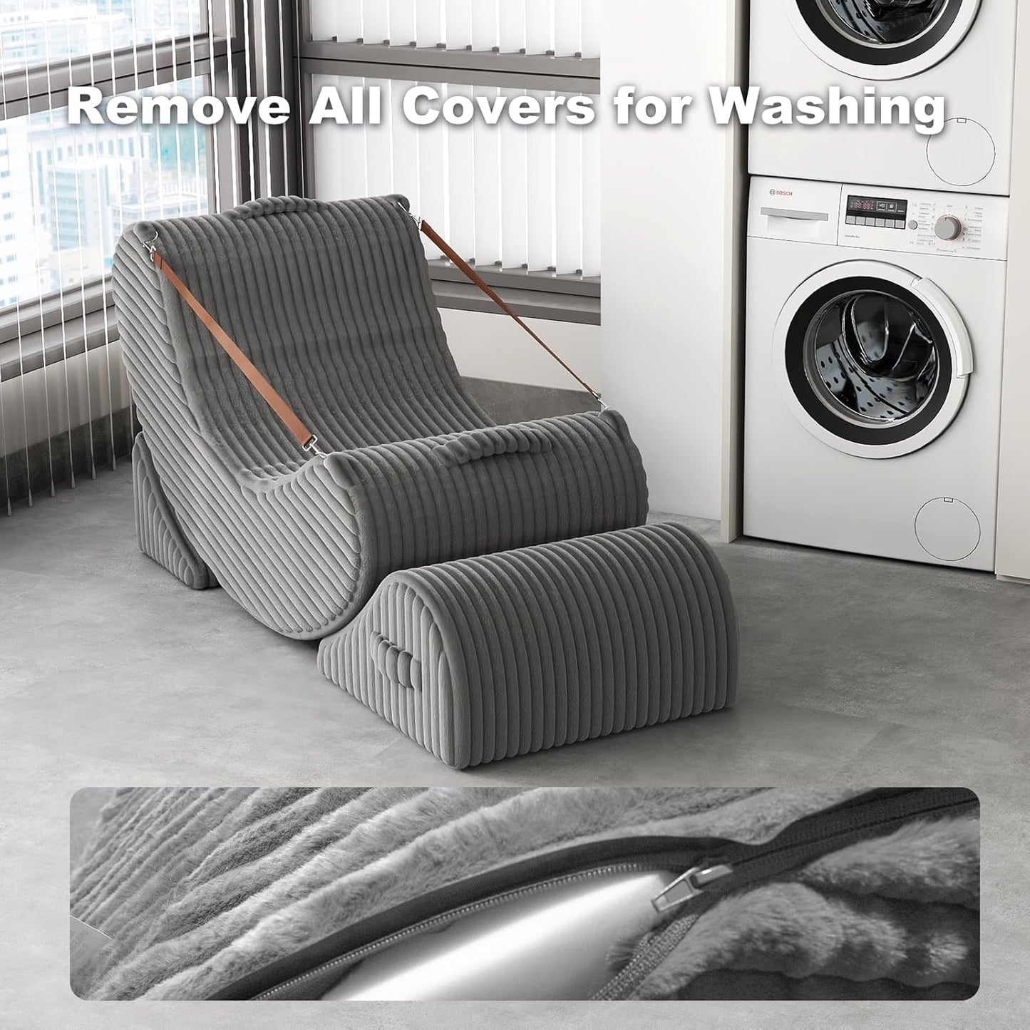 3-in-1 Adjustable Zero Gravity Floor Chair, Oversized Corduroy Boneless Chair for Adults with Memory Foam & Washable Cover, Silent Rocker Recliner Lounge Chair for Reading, Nursing, Gaming, Gray