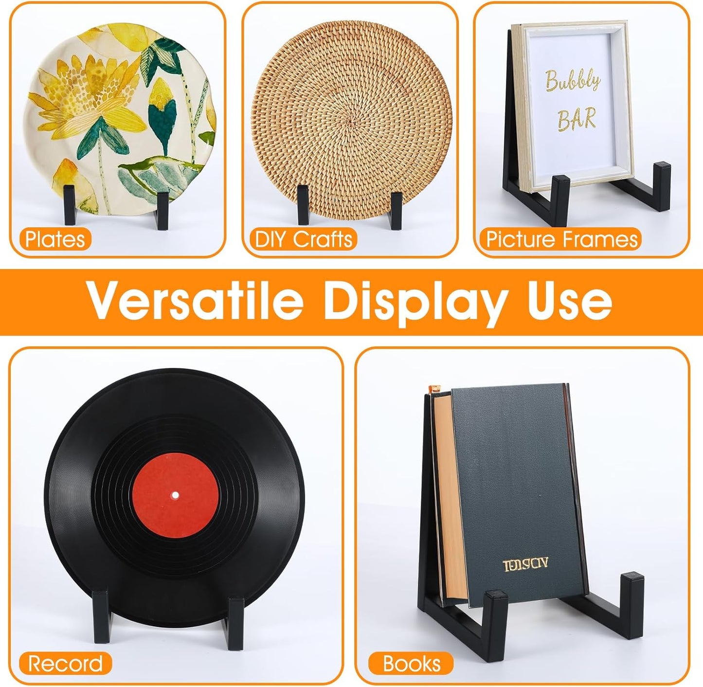 2 Pack Large Plate Stands for Display – 8 Inch Black Metal Easel Stands for Picture Frames, Books, Platters, Photos & Artwork – Industrial-Style Tabletop Display Holder (Iron, 6” x 5.7” x 8”)