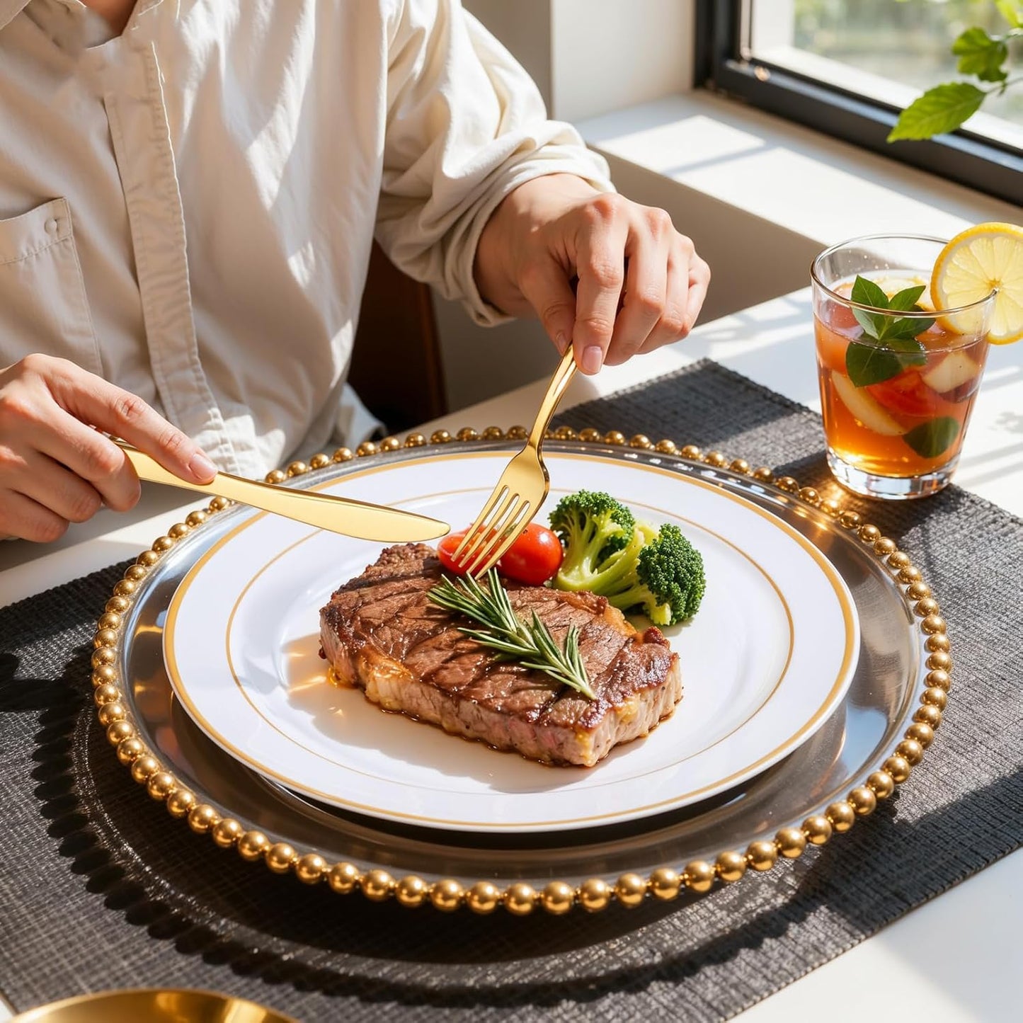 350Piece Gold Dinnerware Set for 50 Guests - Gold Plastic Plates with Disposable Cutlery Include:50Dinner Plates-50Dessert Plates-50Pre Rolled Napkins with Silverware for Wedding