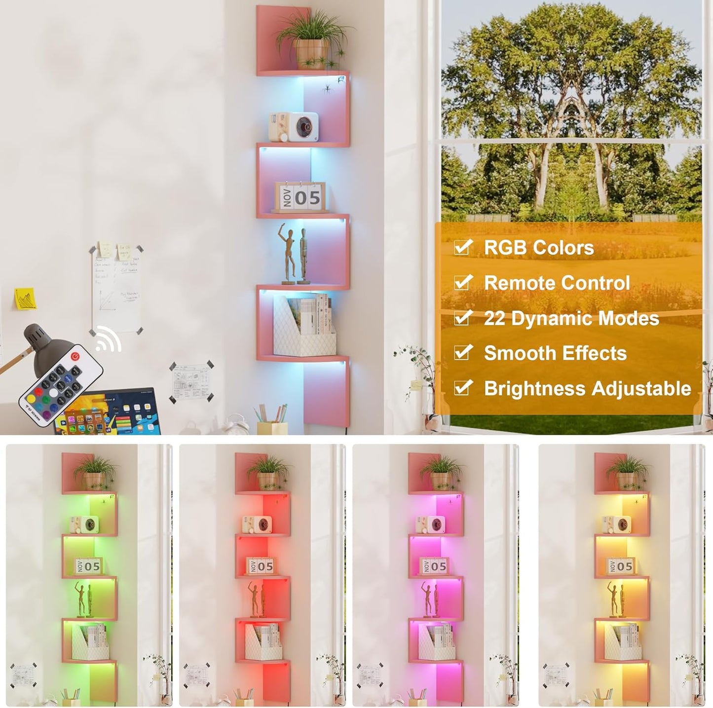 Corner Shelf Wall Mount with LED Light, 5 Tier Floating Corner Bookshelf, Plant Shelf for Bedroom, Floating Shelves for Wall, Display Stand for Living Room, Bathroom, Home Office, Pink