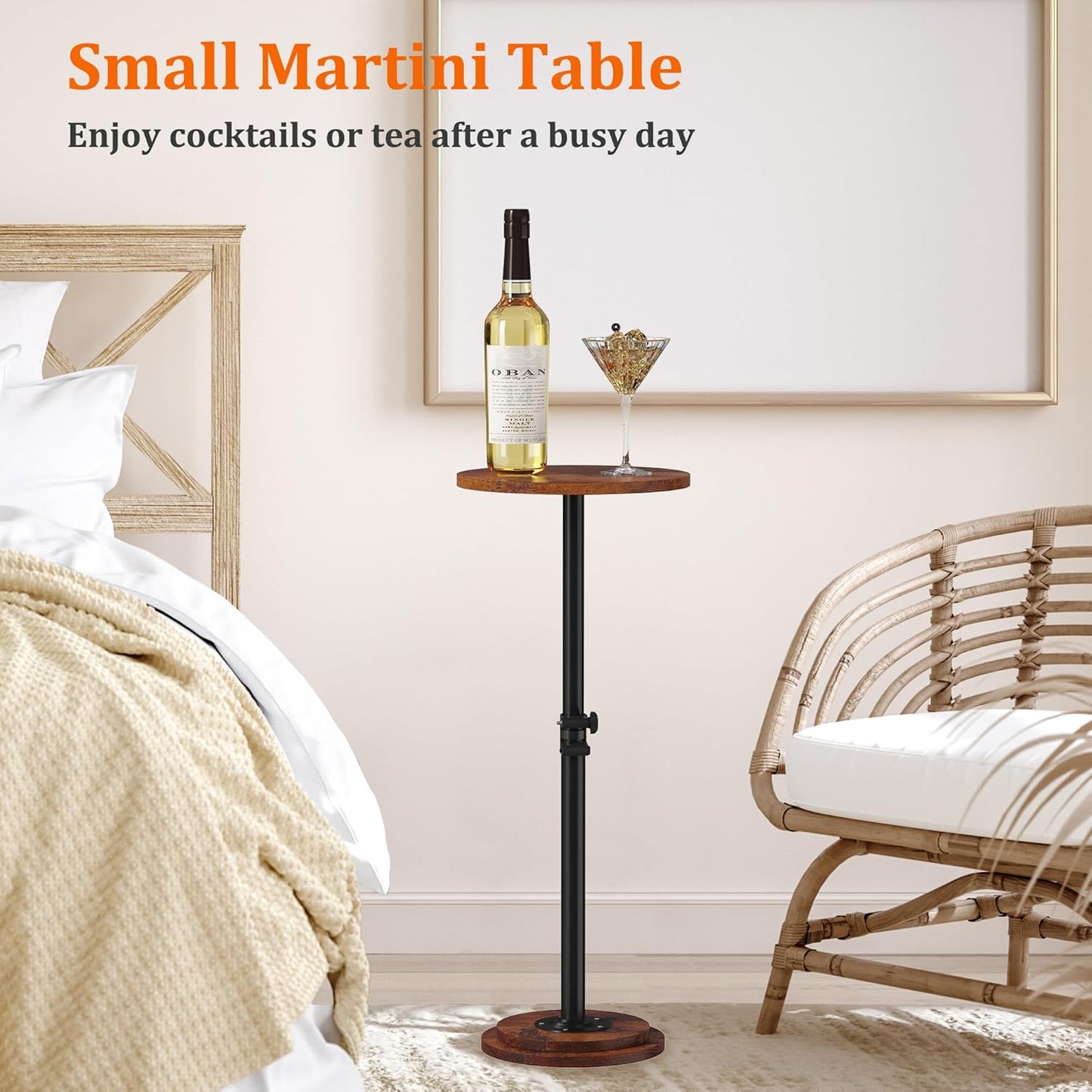 Drink Table, Small Round Side Table - 360° Swivel Height Adjustable for Small Spaces, Pedestal Martini Table for Sofa Couch, Living Room, Bedroom, Vintage