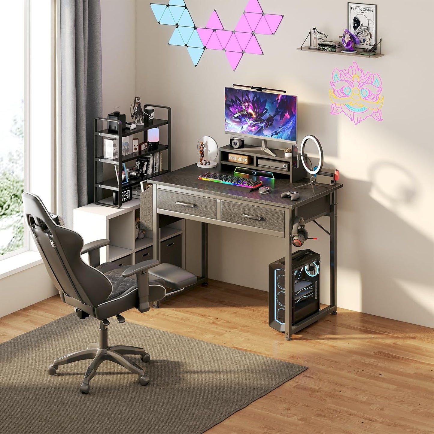 DLisiting Small Desk with Fabric Drawers for Bedroom, 32 Inch Gaming Desk with 2 Drawers for Small Space, Study Writing Table PC Desks, Black