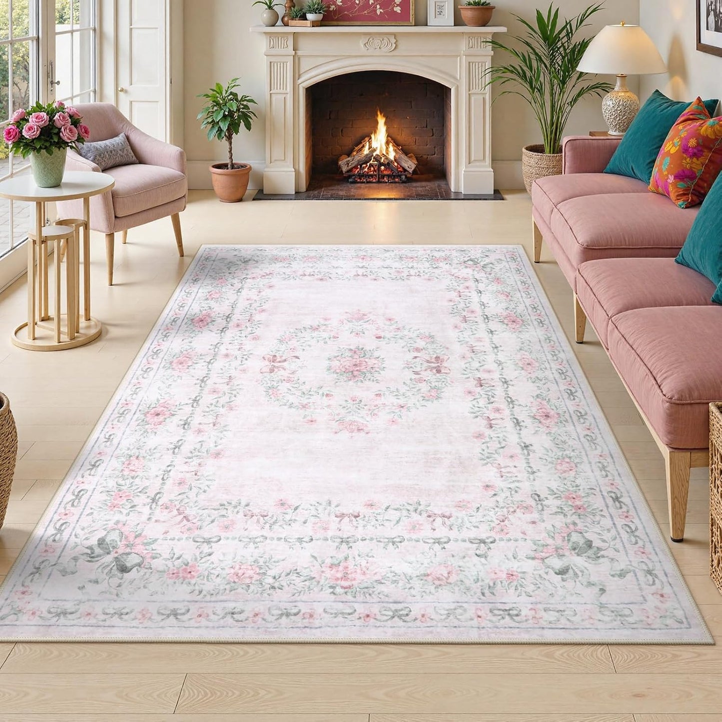 Wonnitar Floral Bow Rug for Girls Bedroom, Pink Area Rug 6x9 for Room Decor, Washable Ultra-Thin Non Slip Soft Boho Aesthetic Carpet for Baby Nursery Kids Room Living Room, Light Pink