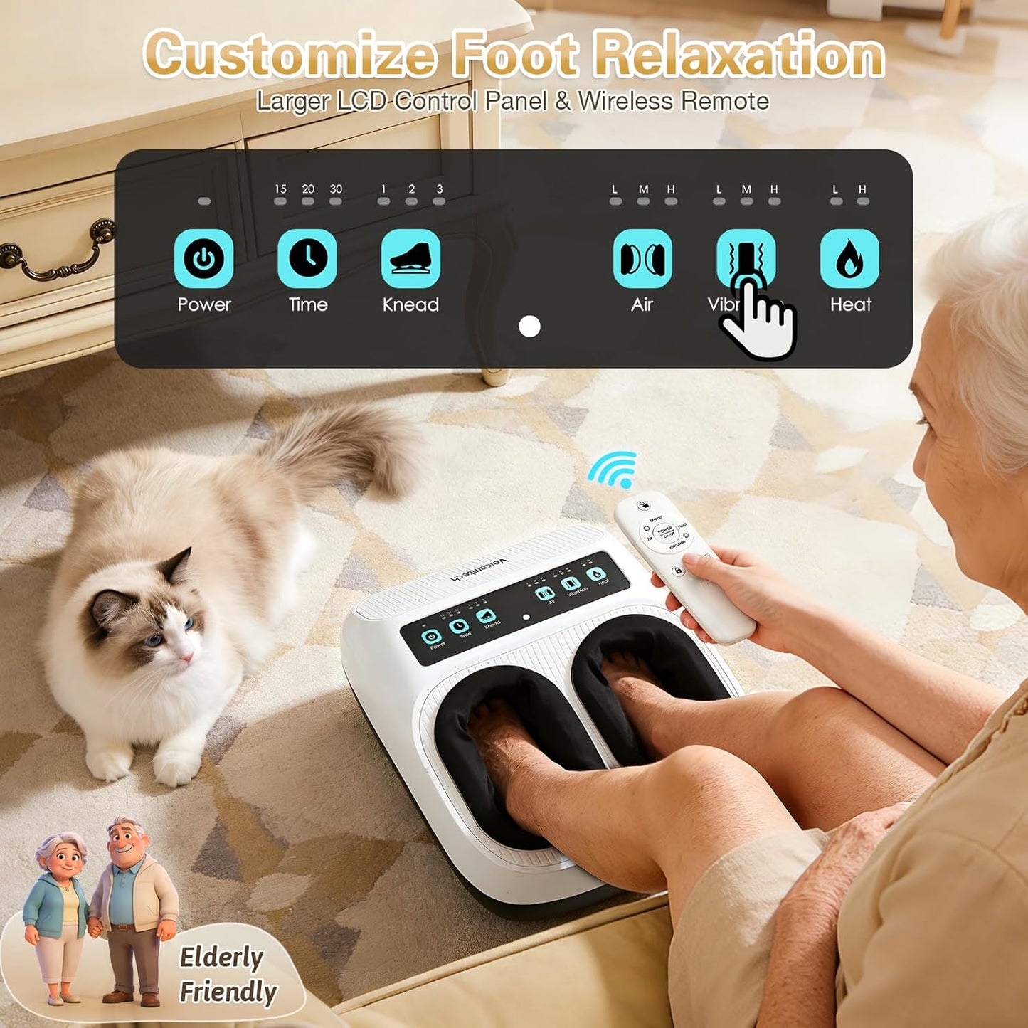 Foot Massager with Heat, Electric Foot Massager Machine for Plantar Fasciitis Neuropathy with Remote Control, Adjustable Vibration and Compression (White)