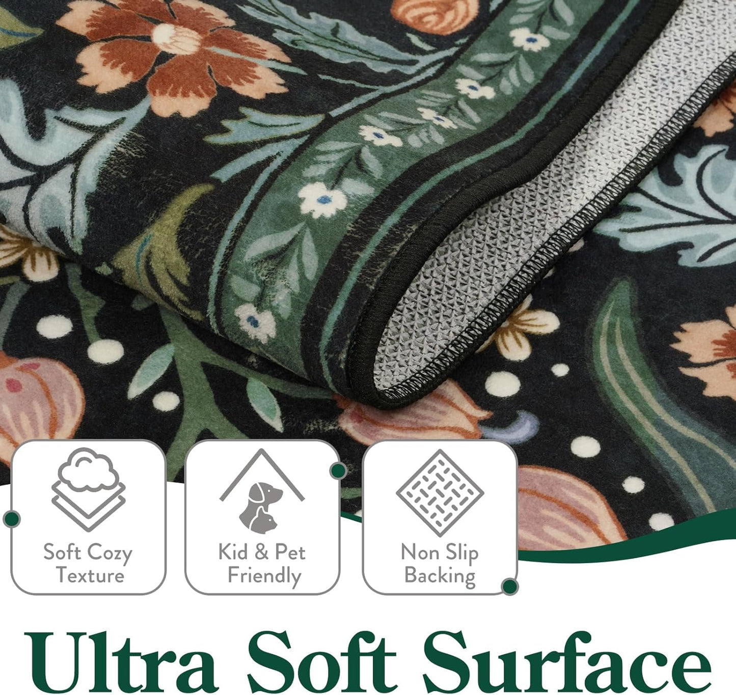 Moynesa Floral Washable Rugs, 8x10 Area Rug for Living Room, Soft Large Boho Bedroom Rug, Botanical Non Slip Ultra Thin Floor Carpet for Dining Room Nursery Office, Black