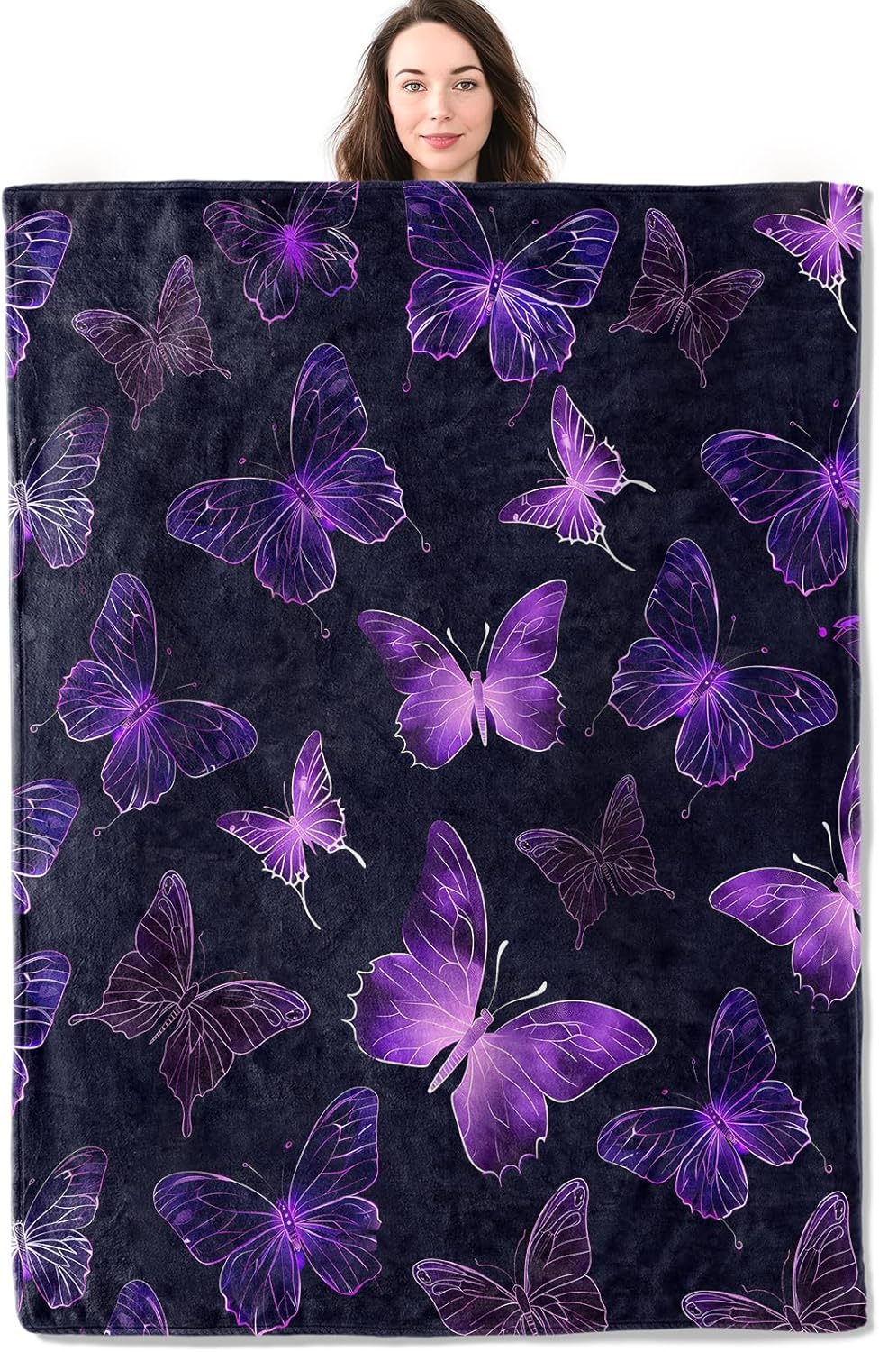 Fantasy Purple Butterfly Throw Blanket, Glowing Insect Flannel Blankets Gifts for Girls Women and Nature Lovers, Home Decor Throws for Couch Bed Camping Travel Living Room Bedroom, 50x60 Inch