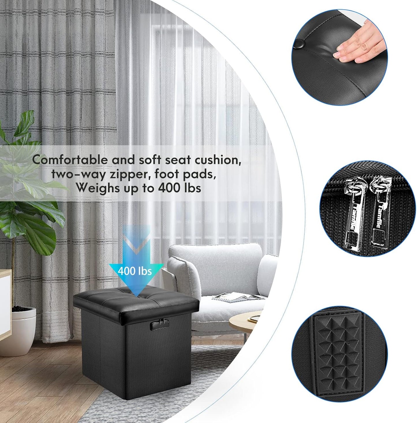 Tamfile Small Ottoman with Storage, 13 x 13 x 13 inch Fireproof Safe Folding Ottoman with Lock for Important Documents, Waterproof Foot Rest Stool with Storage, Ottoman Foot Rest with Handle, Black
