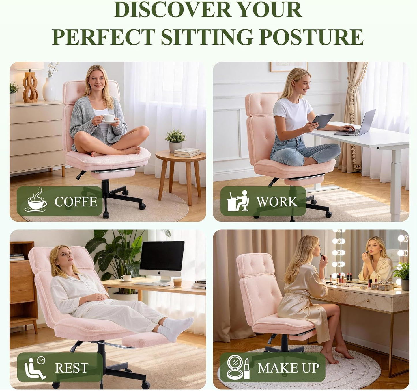 Criss Cross Chair with Wheels, Wide Seat Cross Legged Office Chair with Footrest, Adjustable Headrest & Reclining Backrest, Upholstered Ergonomic Desk Chair for Home Office, Gaming, Vanity (Pink)