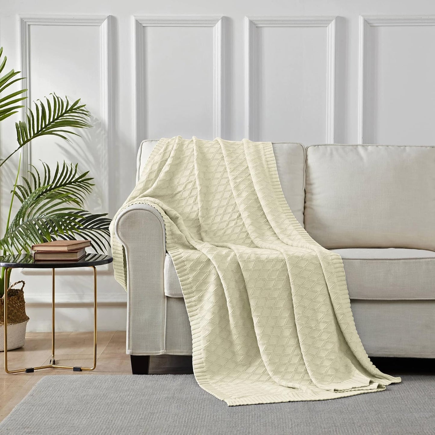 Longhui bedding Cotton Cable Knit Throw Blanket for Couch Chairs Beach Sofa, Home Beige Decorative Blanket, Cream 50 x 60 inches