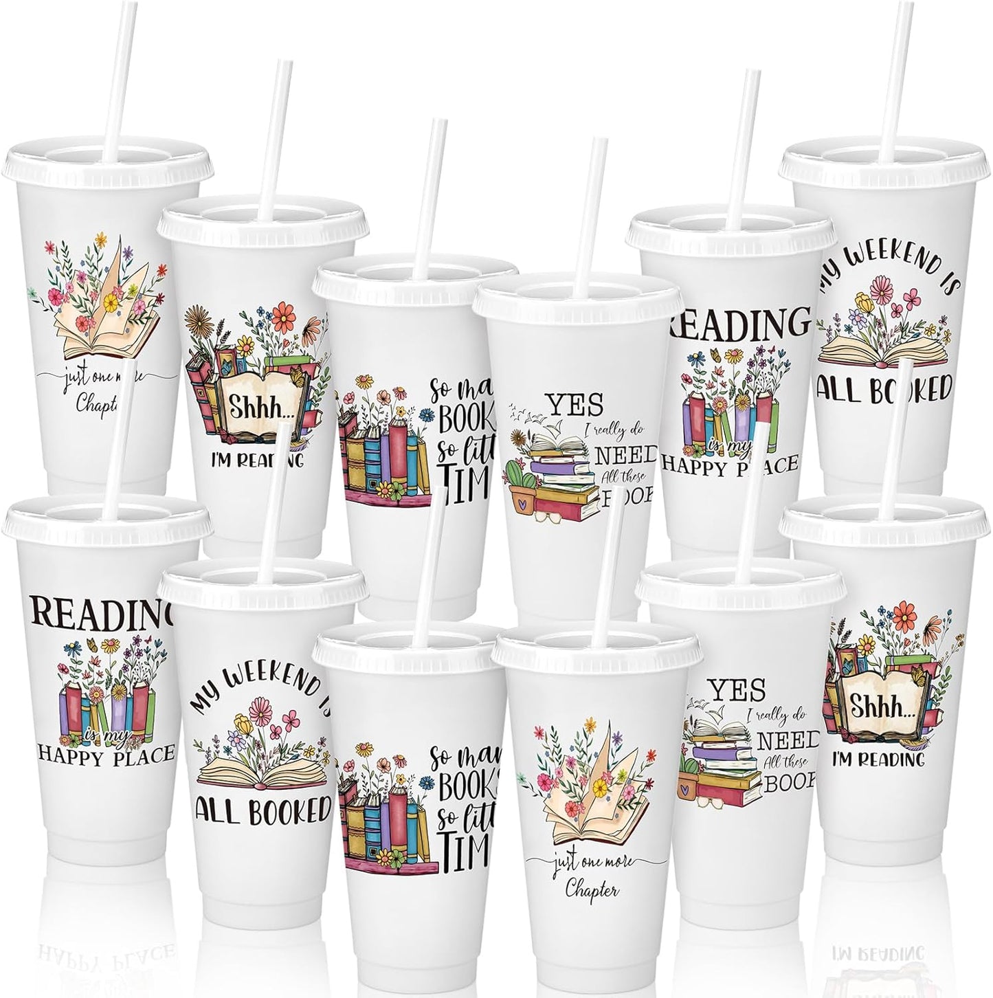 Sliner 12 Pcs Book Lovers Gifts 24 oz Book Club Tumbler with Straw and Lid Bookish Librarian Appreciation Gifts for Readers Bookworms Themed Party