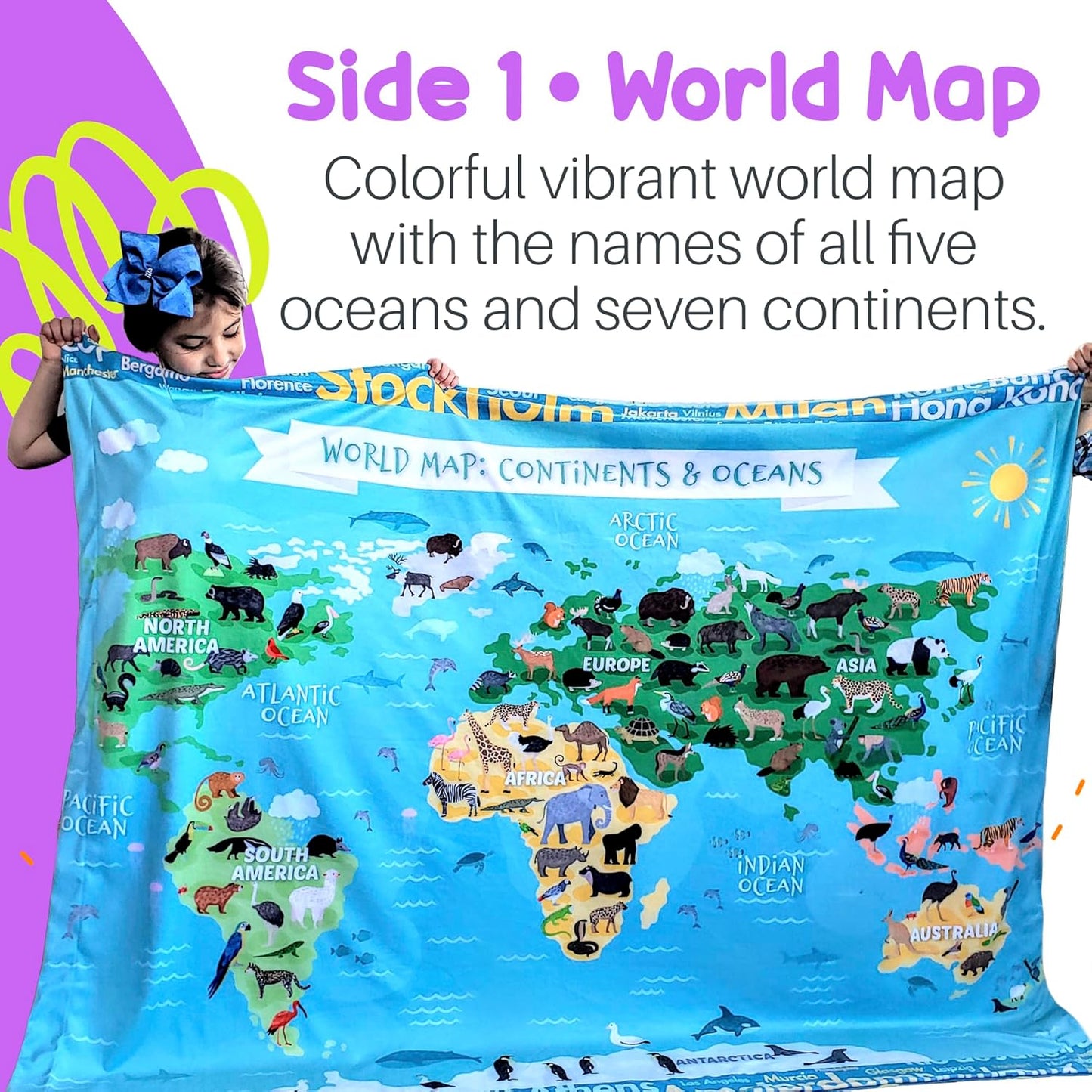 Birdy Boutique – Learning Blanket® – Double-Sided Dinosaur MapBlanket for Kids – Throw 50" x 60" – Soft Minky Plush Educational Blanket for Kids – Prehistoric Species & World Map