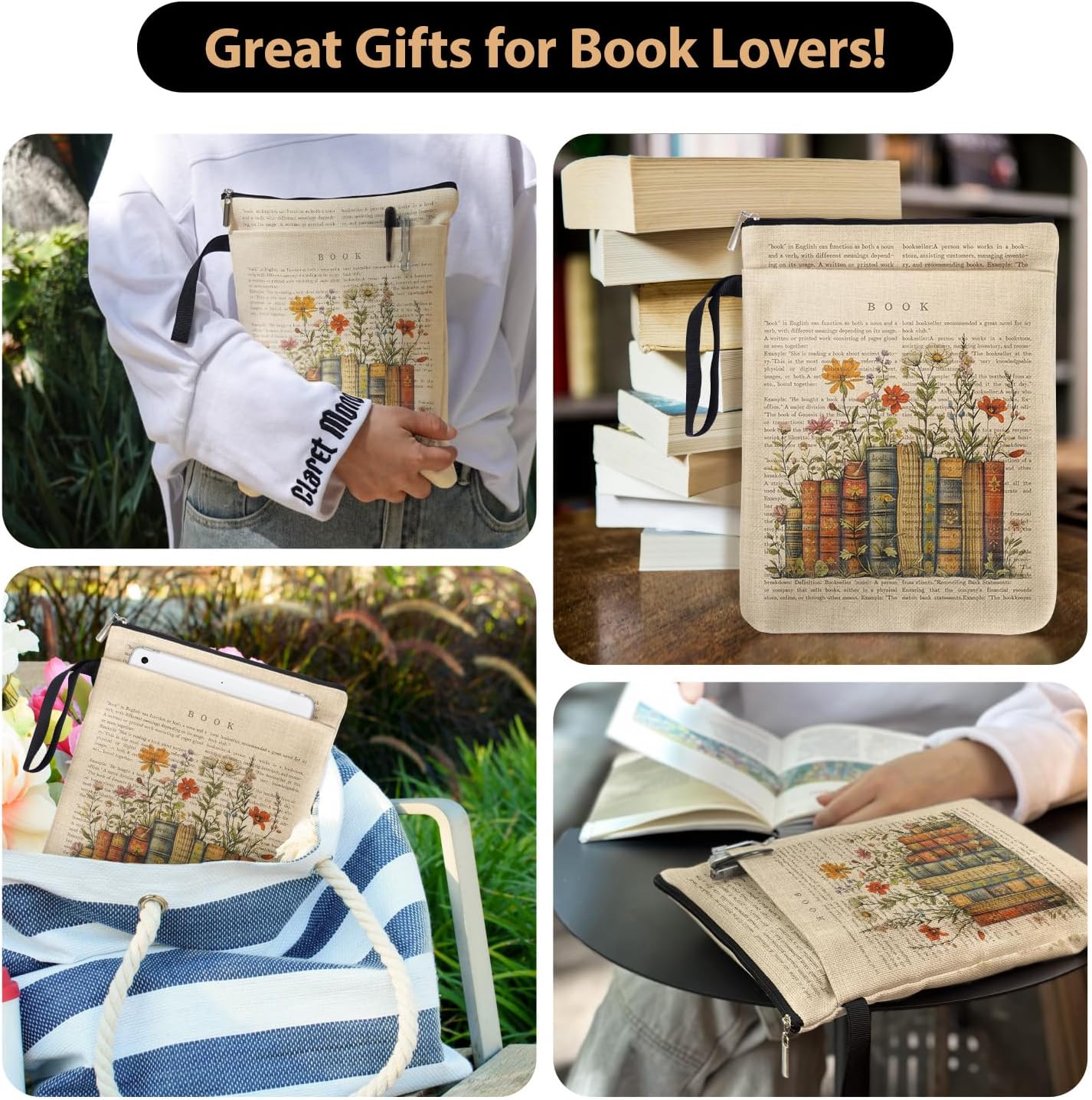 Bookish Flower Blossoms Book Sleeve Pouch, Book Lovers Gifts Book Covers Protector for Paperbacks with Handle for Reader Bookworm, Book Club Gifts for Chritsmas, Reading Accessories for Student