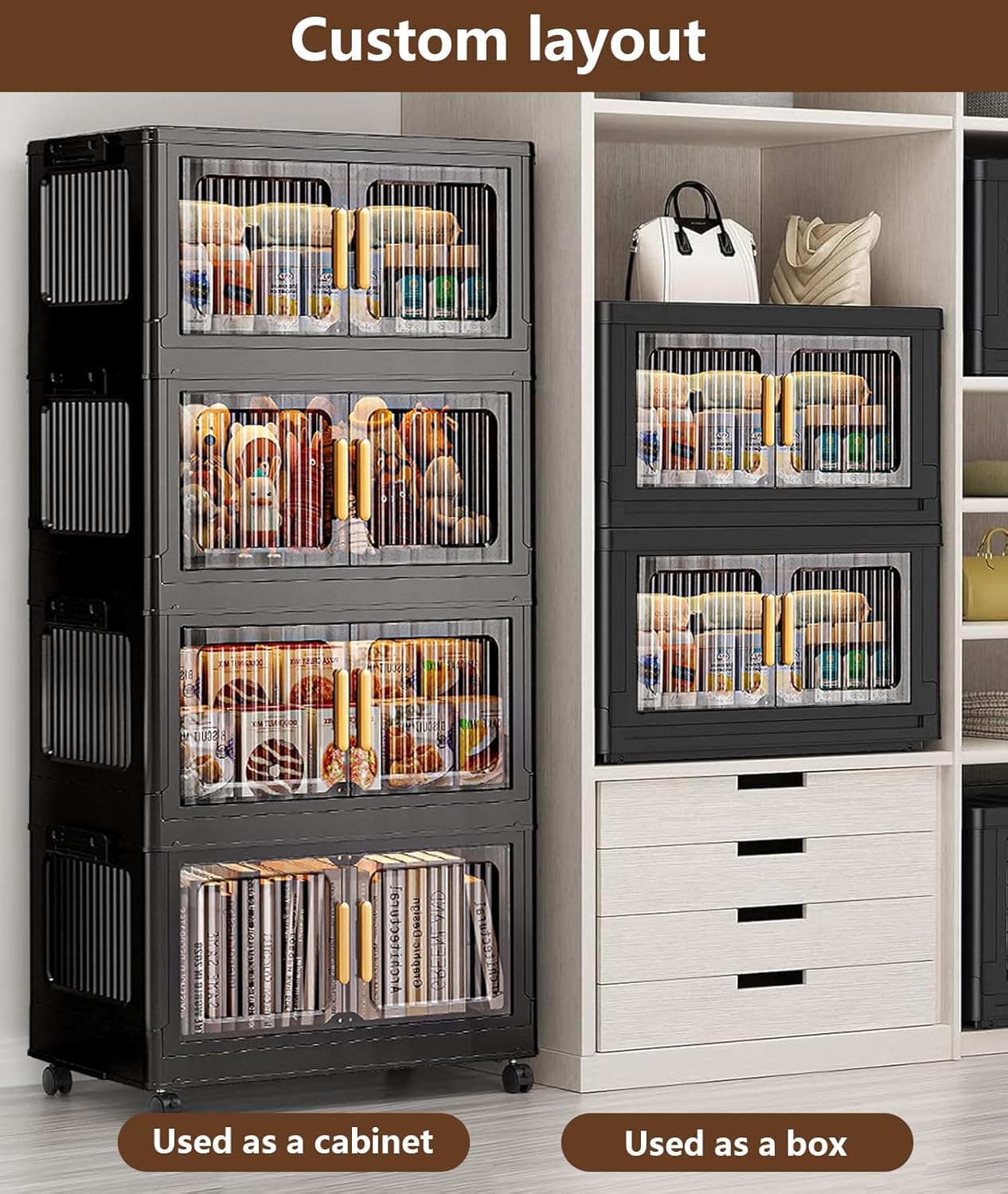 4-Tier Stackable Storage Bins with Lid,Foldable Plastic Drawer Storage with Wheels,Closet Organizers and Storage for Living Room, Office, Dorm