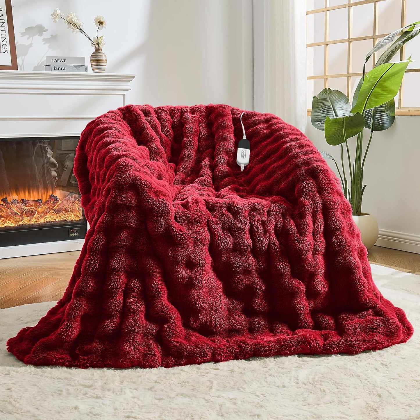 Heated Blanket Electric Throw Blanket 50''X 60''-Heating Blanket with 6 Heat Settings-4 Hours Auto Off,Cozy Faux Rabbit Fur Bubble Electric Blanket,Red