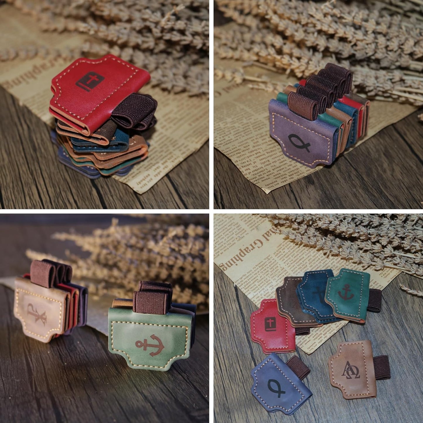 4 Pcs Personalized Magnetic Leather Bookmark Pen Holder Book Lovers Christian Gifts Bygone Mark for Reading, Purple-Jesus Fish + Brown-AΩ + Blue-Cross + Green-Anchor